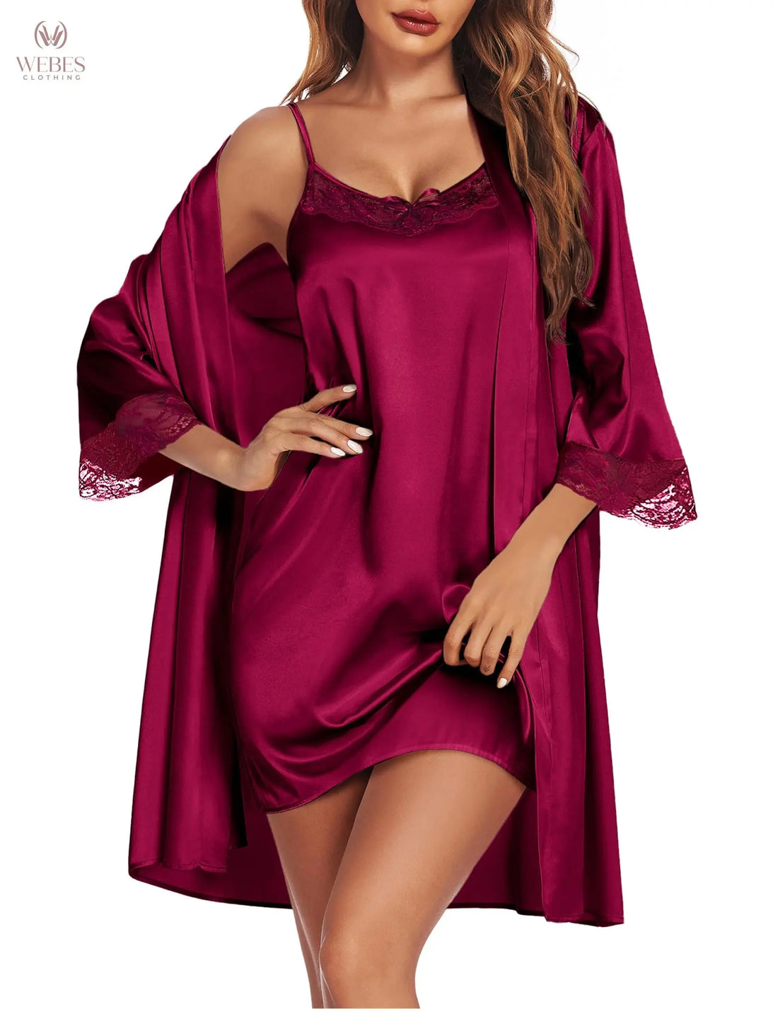 Ekouaer Sleepwear Women's Satin Nightgown with Robes Set 2 Piece Sexy Lace Cami Nightwear WEBE CLOTHING