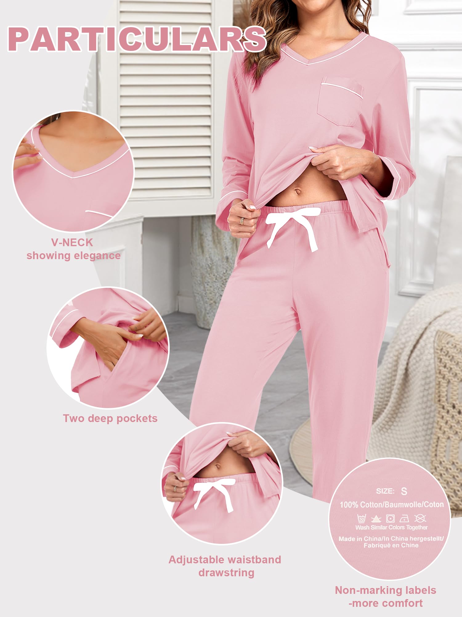 EA'S SECRET 100% cotton Pajamas for Women Summer Lightweight Long Sleeve Pjs 2 Piece Soft Lounge Sleepwear with pocket