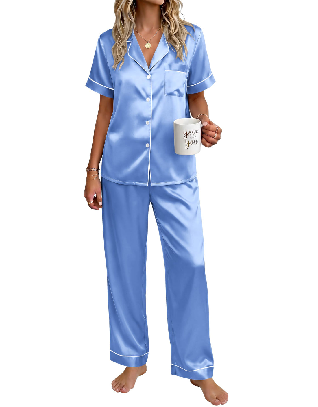 Ekouaer Womens Silky Satin Pajamas Set Short Sleeve Button Down Sleepwear 2 Piece Lounge Set Pj Set WEBE CLOTHING