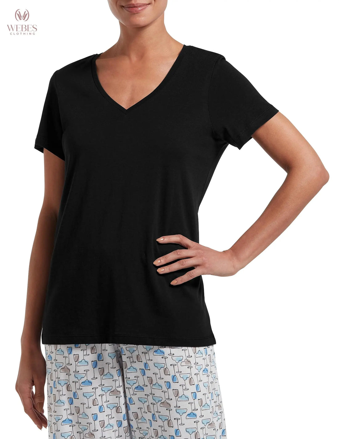 HUE Womens Sleepwell Basic Short Sleeve V-Neck T-Shirt for Lounging Or Sleeping, Made with Temperature Regulating Technology