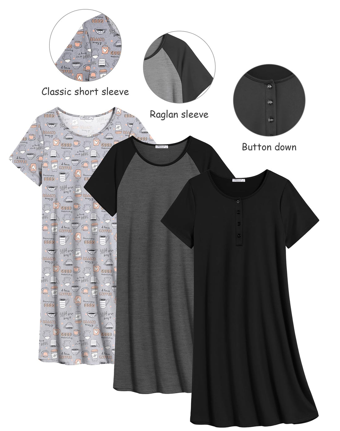 Ekouaer 3 Pack Nightgowns for Women Short Sleeve Sleepshirt Button Down Nightshirt Soft Pajamas Dress Casual Sleepwear