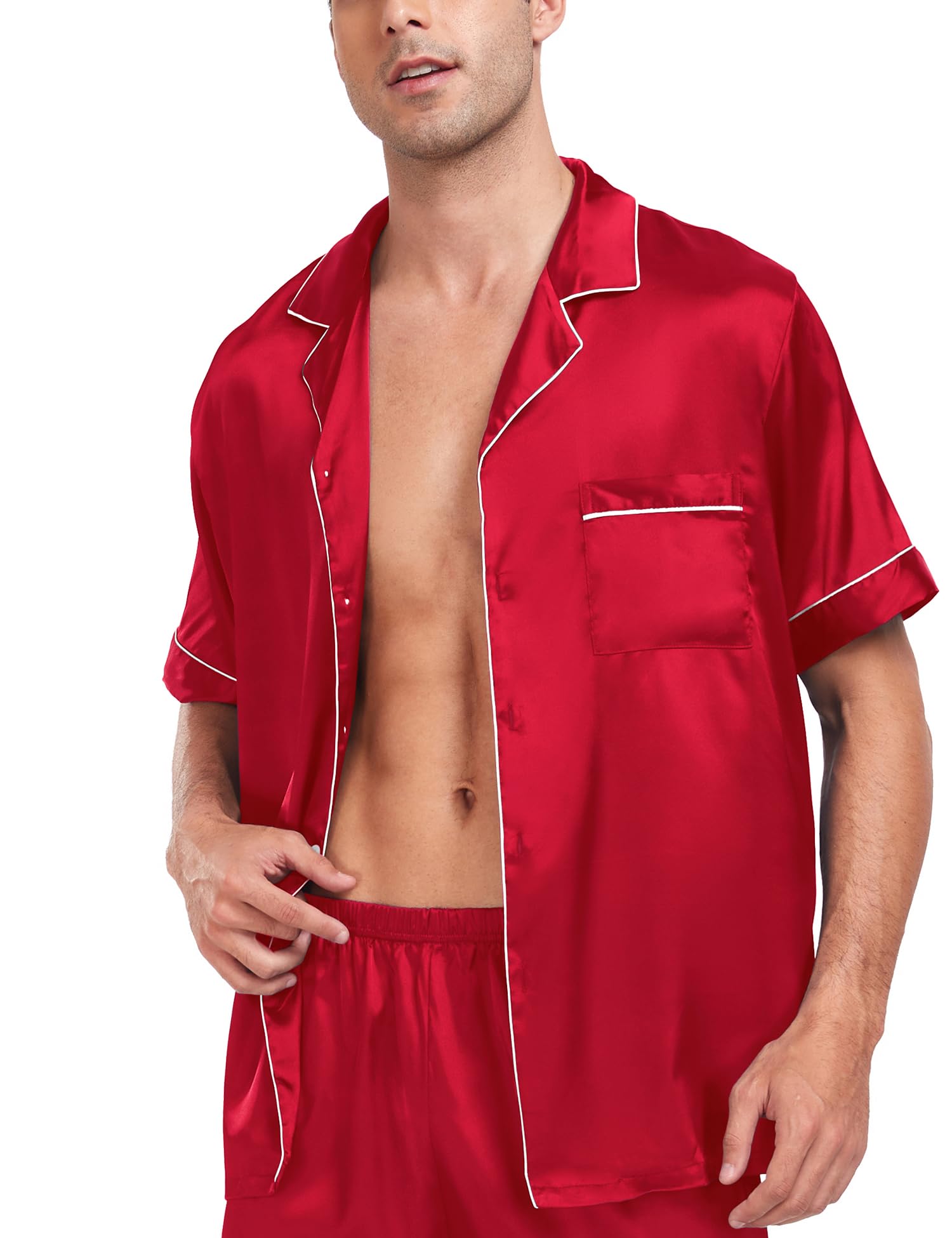 SWOMOG Couple Matching Pajamas Sets Women & Men Button Down Silk Pjs Men Short Sleeve Soft Lounge Sets 2 Pcs Loungewear