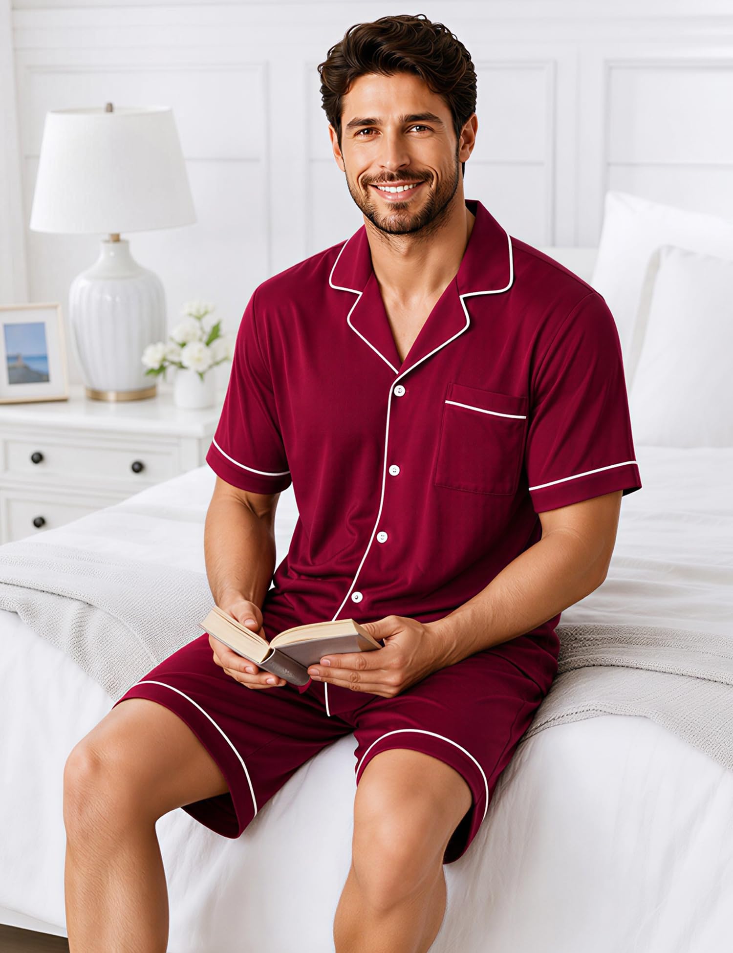 SWOMOG 100% Cotton Mens Pajama Set Short Sleeve Sleepwear Button Down Loungewear 2 PCS Cotton Pjs Set with Pockets WEBE CLOTHING