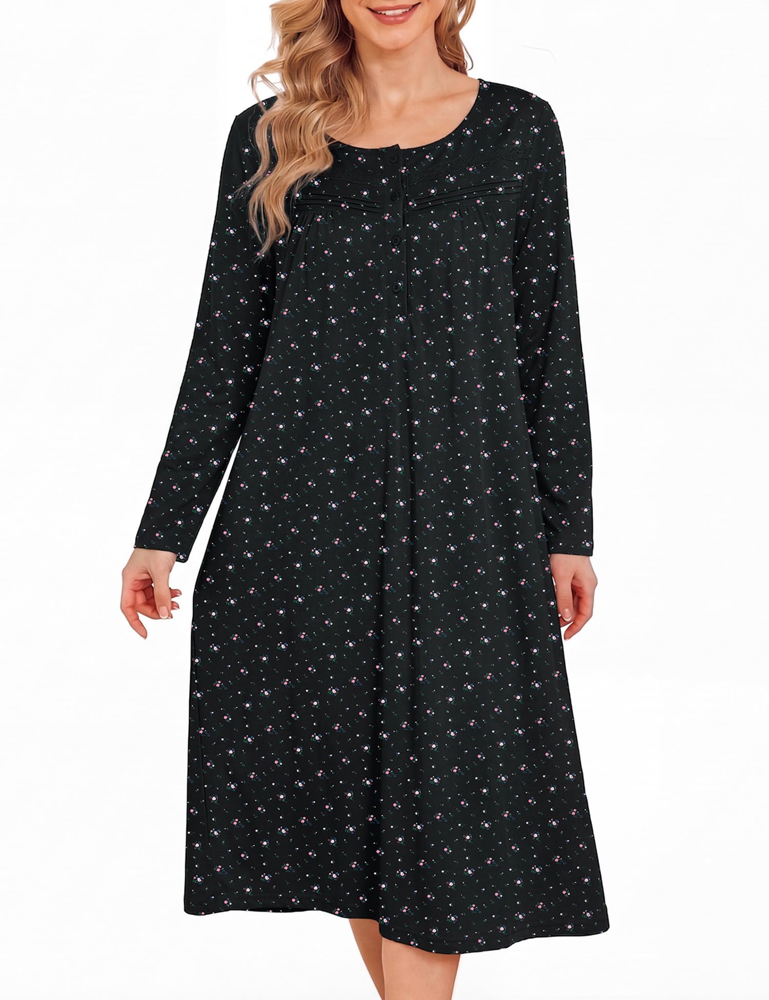 Bloggerlove Nightgowns for Women 100% Cotton Soft House Dress | 100 Full Cotton, Button Neck, Knee Length, Lace Trim Floral, Breathable, Skin-frieend, Loose Fit, Comfy Sleepwear WEBE CLOTHING