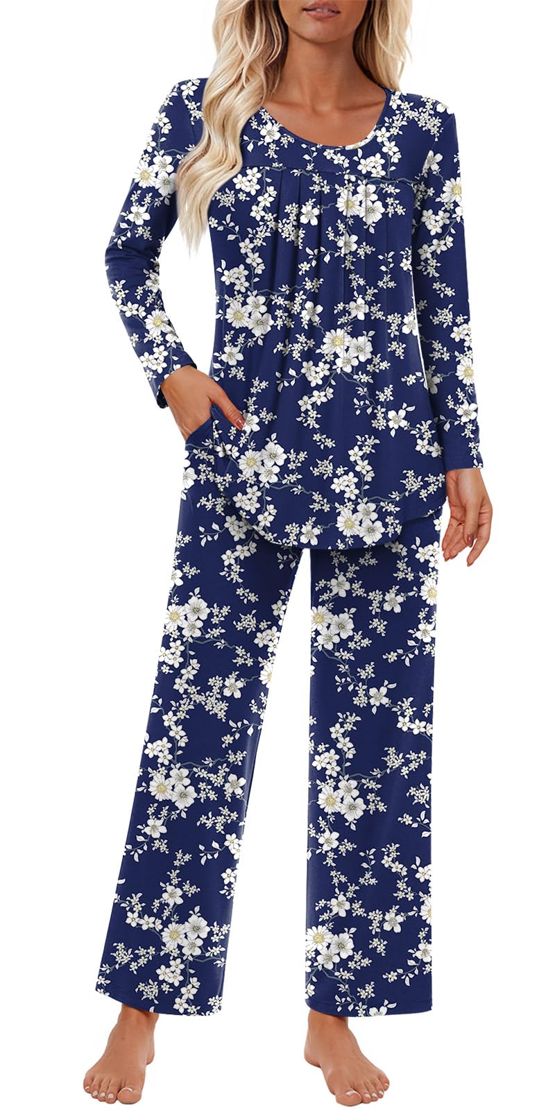 Findsweet Women's Pajama Set 2 Piece Lounge Outfits Soft Sleepwear Fall Long Sleeve Long Pant With Pockets Ladies Pjs S-3XL