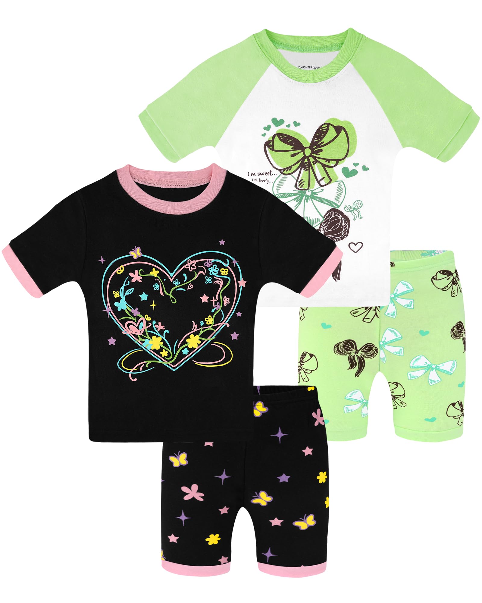 DAUGHTER QUEEN Girls Summer Pajamas Set 4 Pieces 100% Cotton Sleepwear Size 18 Months-12 Years
