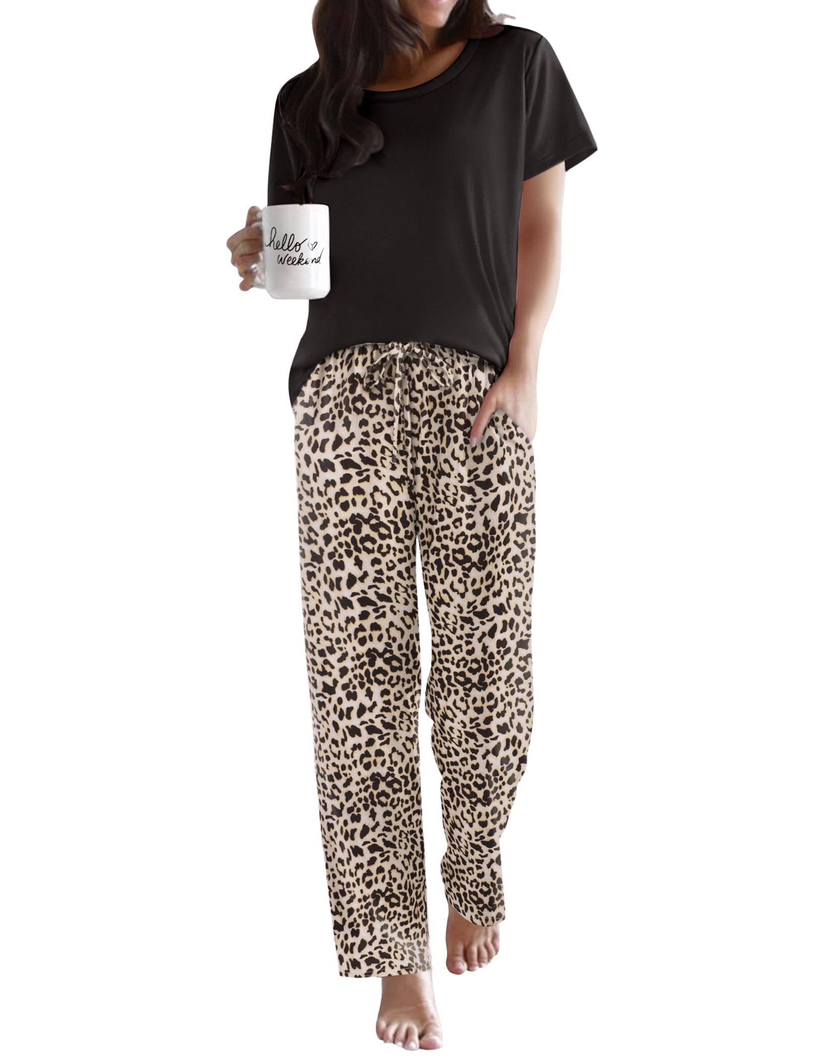 Ekouaer Pajama Sets for Women Round Neck Pjs Short Sleeve Sleepwear with Long Pants Loose Lounge Sets