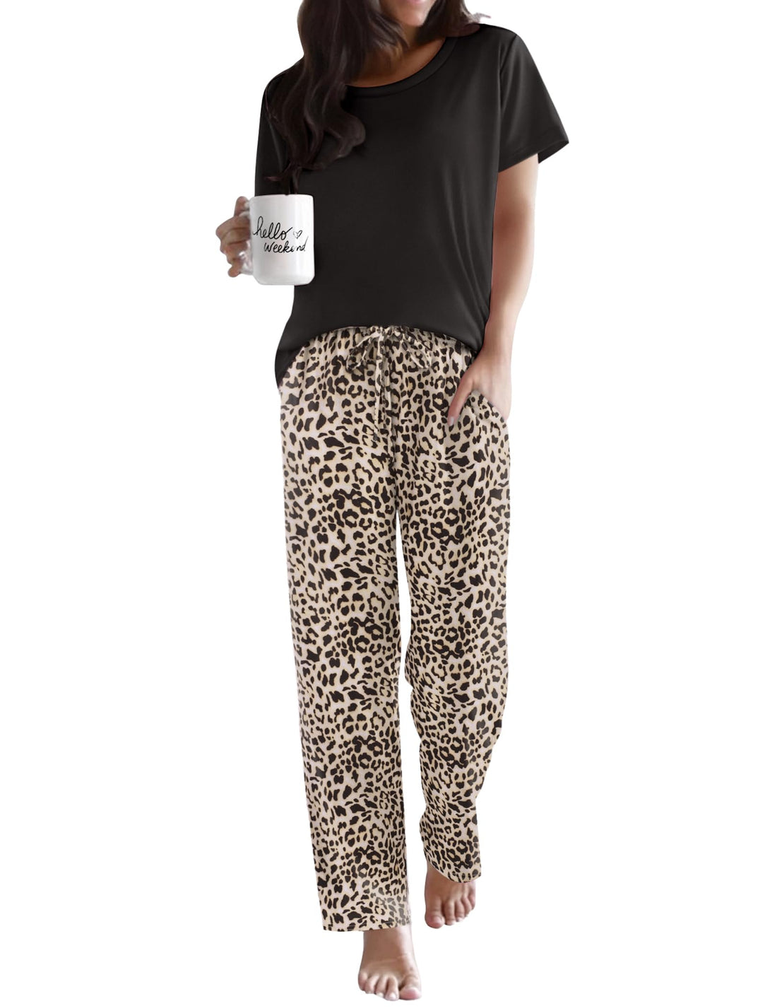 Ekouaer Pajama Sets for Women Round Neck Pjs Short Sleeve Sleepwear with Long Pants Loose Lounge Sets