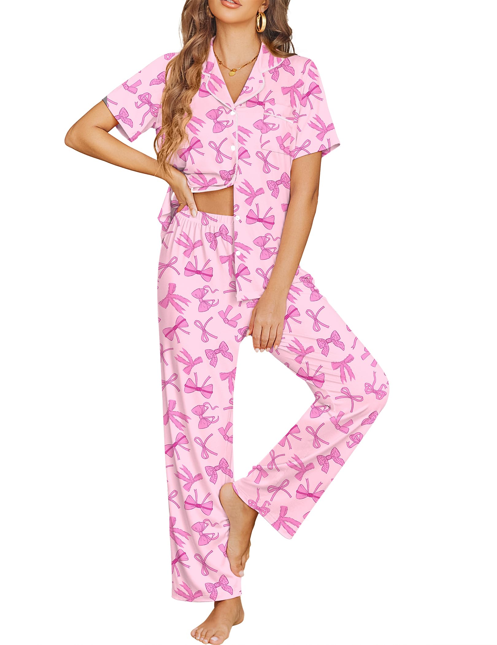 Ekouaer Womens Pajama Sets Button Down Pjs Lounge Sets 2 Piece Short Sleeve Sleepwear Soft Comfy Loungewear WEBE CLOTHING