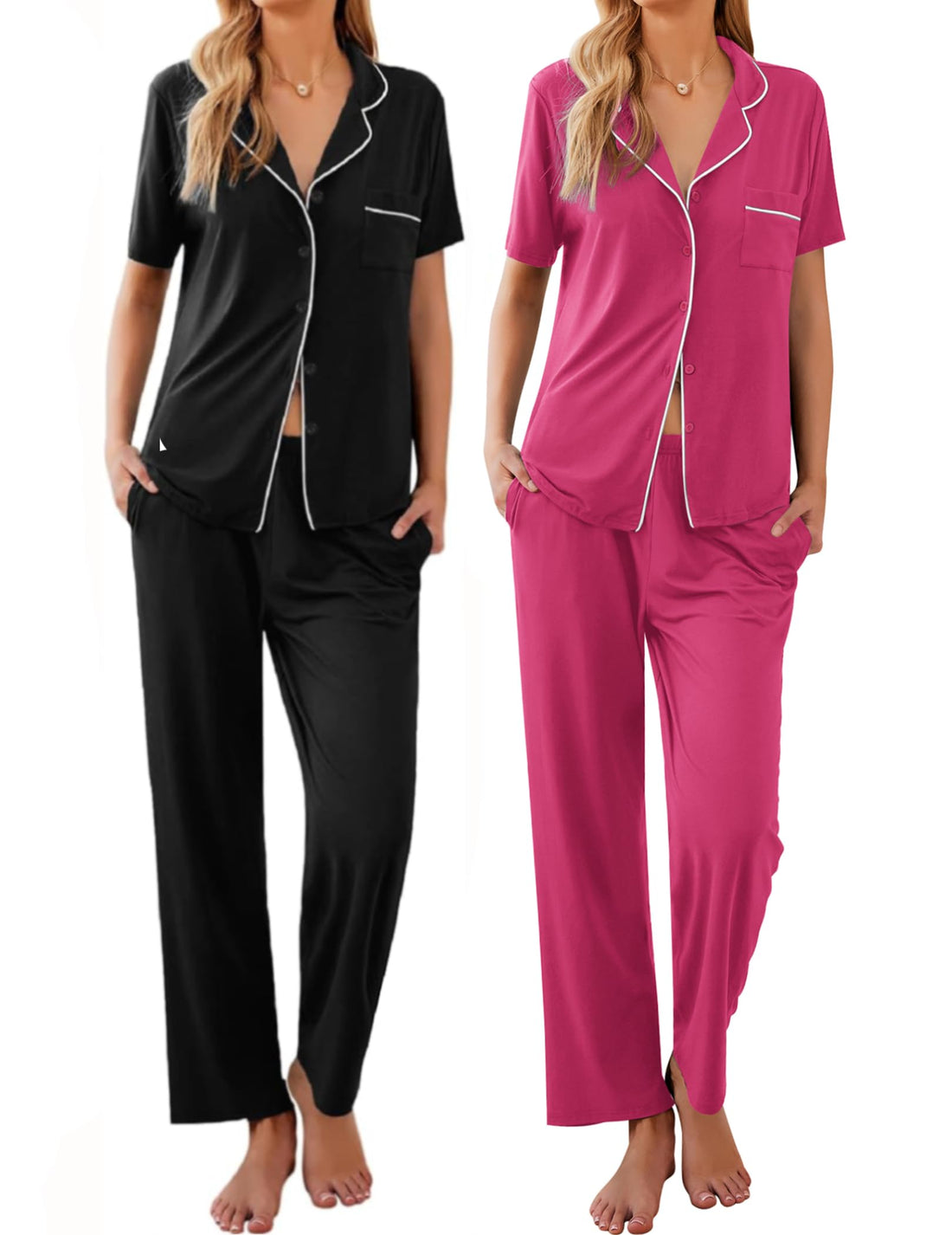 Ekouaer 2 Pack：Womens Pajamas Short Sleeve Pjs Notch Collar Button Up Loungewear Cozy Sleepwear Sets