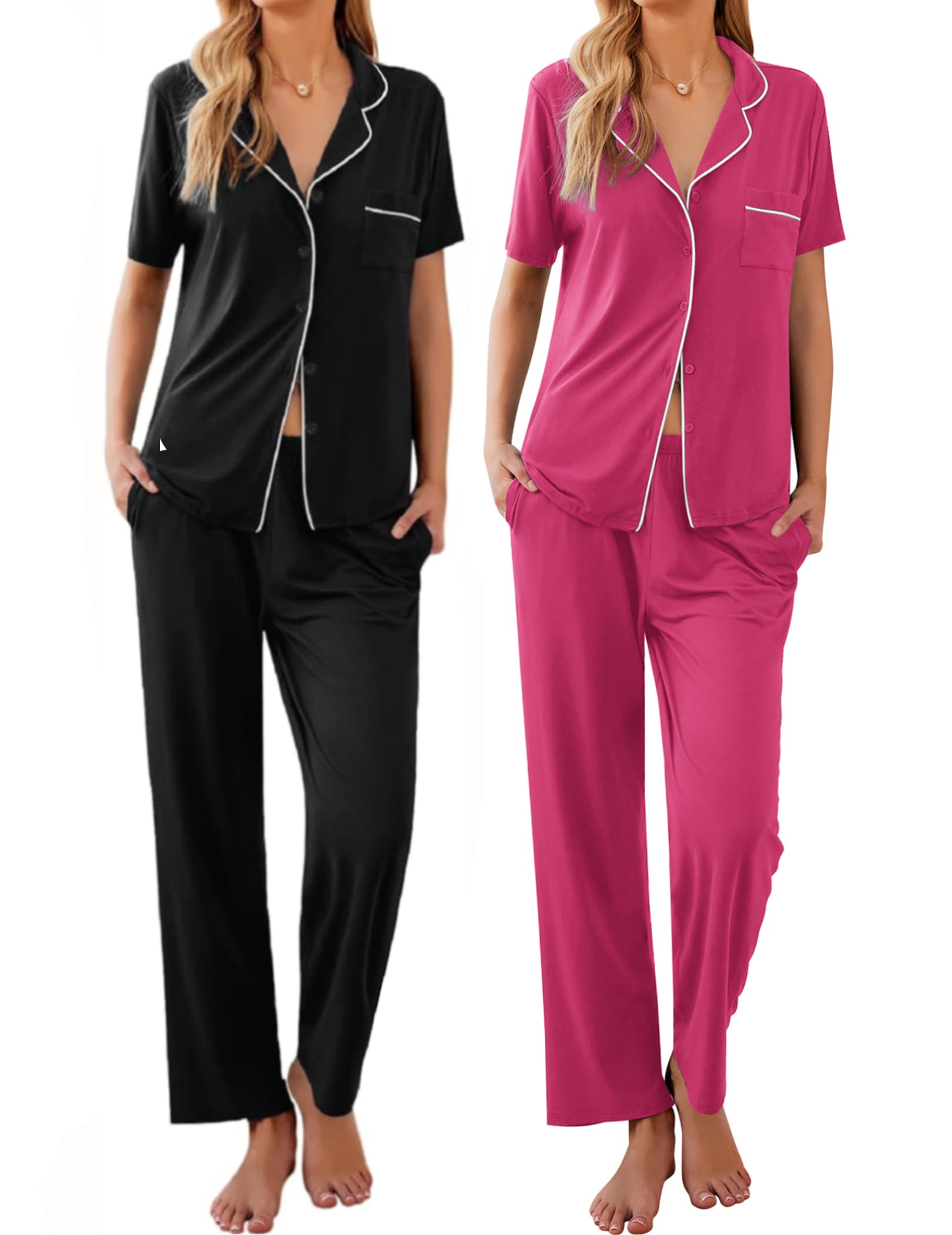 Ekouaer 2 Pack：Womens Pajamas Short Sleeve Pjs Notch Collar Button Up Loungewear Cozy Sleepwear Sets WEBE CLOTHING