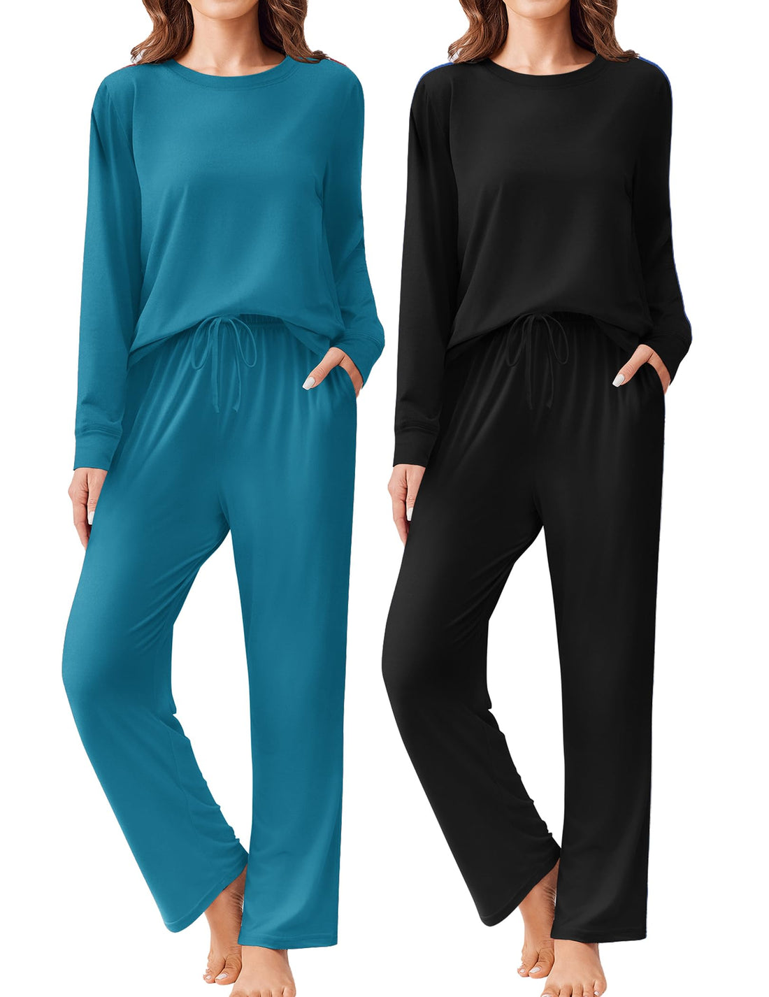 Ekouaer 2 Pack Women Pajama Long Sleeve Sleepwear Soft Loungewear Pjs Sets with Pockets S-XXL