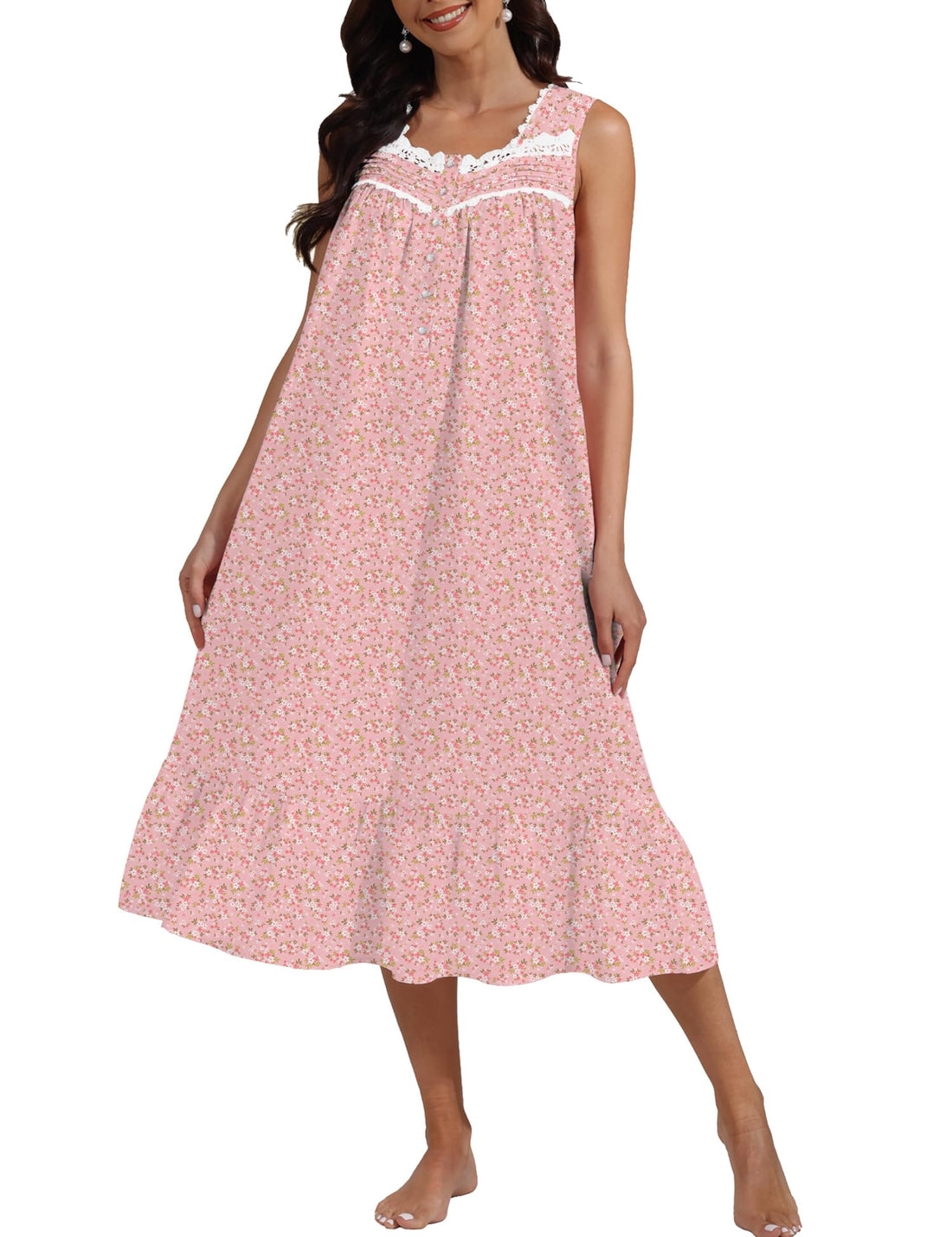 100% Cotton Floral Pearl Snap Nightgown for Women Sleeveless Victorian Sleep Dress Cotton Nightgowns with Pockets WEBE CLOTHING