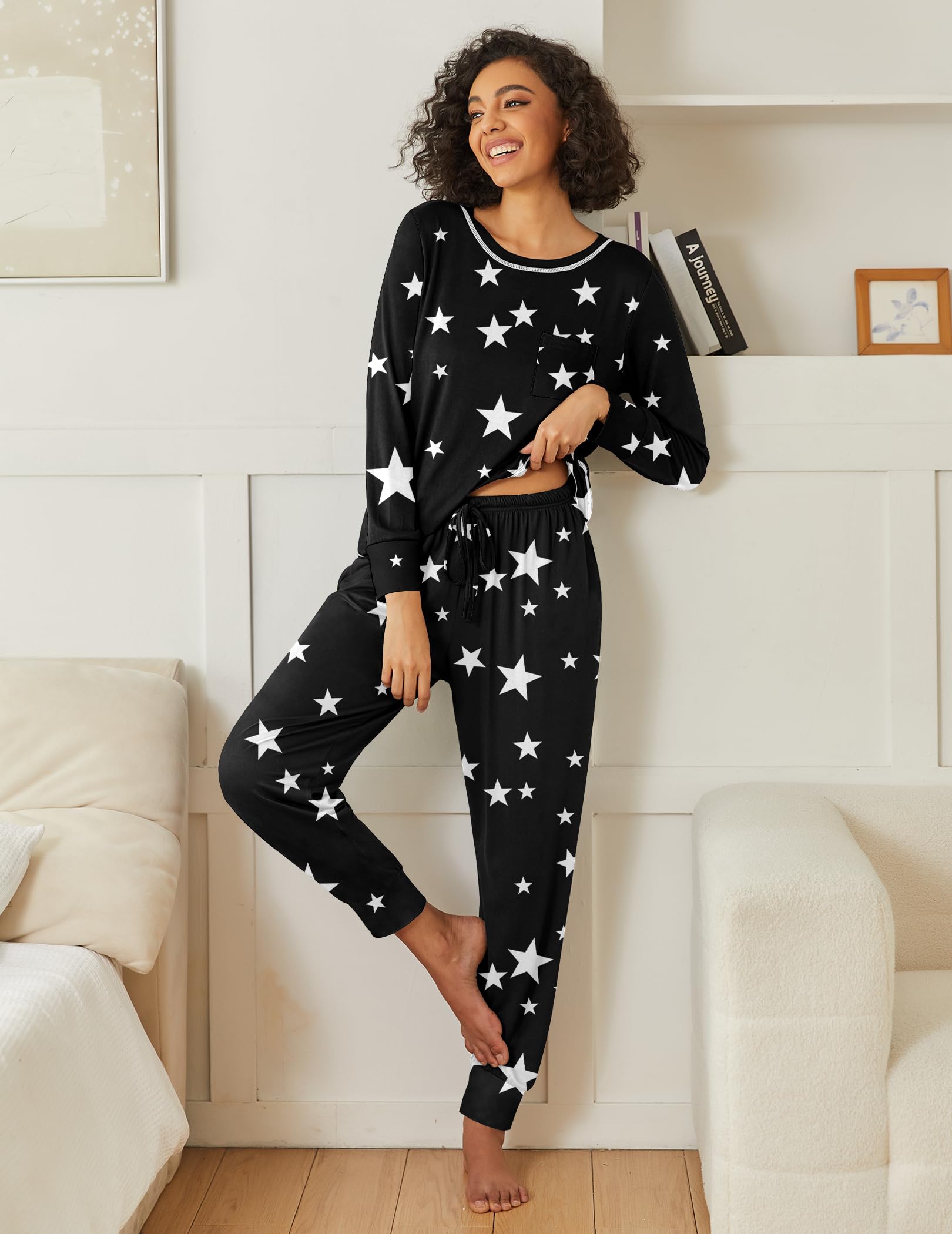 Ekouaer 2 Pack Womens Pajama Sets Long Sleeve Lounge Sets Soft Pj Sleepwear Loungewear
