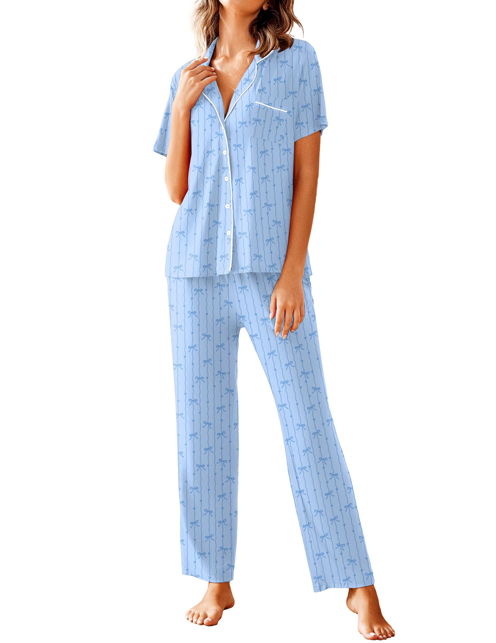 Avidlove Women Pajamas Set Notch Collar Soft Sleepwear Pjs Short Sleeve Button Down Nightwear with Long Pants WEBE CLOTHING