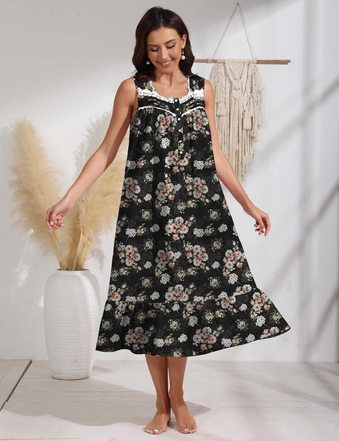 100% Cotton Floral Pearl Snap Nightgown for Women Sleeveless Victorian Sleep Dress Cotton Nightgowns with Pockets WEBE CLOTHING