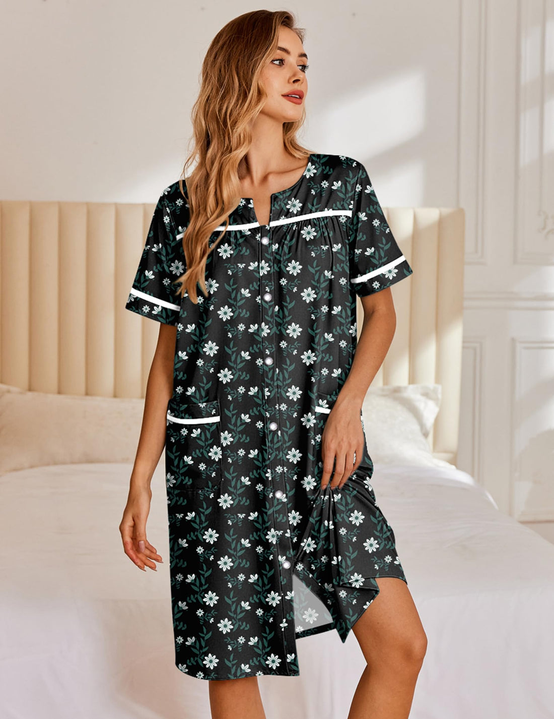 Ekouaer Nightgowns for Women House Dress with Pockets Snap Front House Coat | Duster Mumu Dress, Short Sleeve Moo Moos, Plus Size Sleepwear, Casual Lounge Dress, Labor Delivery Gown, Daily Wear, Home