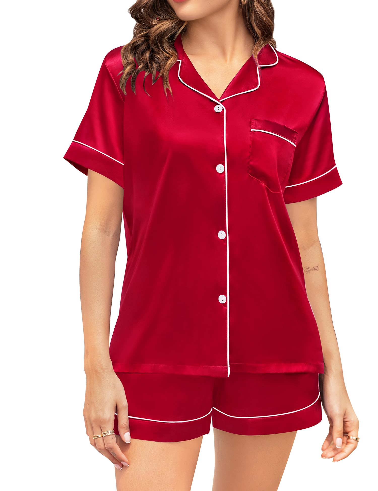 SWOMOG Couple Matching Pajamas Sets Women & Men Button Down Silk Pjs Men Short Sleeve Soft Lounge Sets 2 Pcs Loungewear