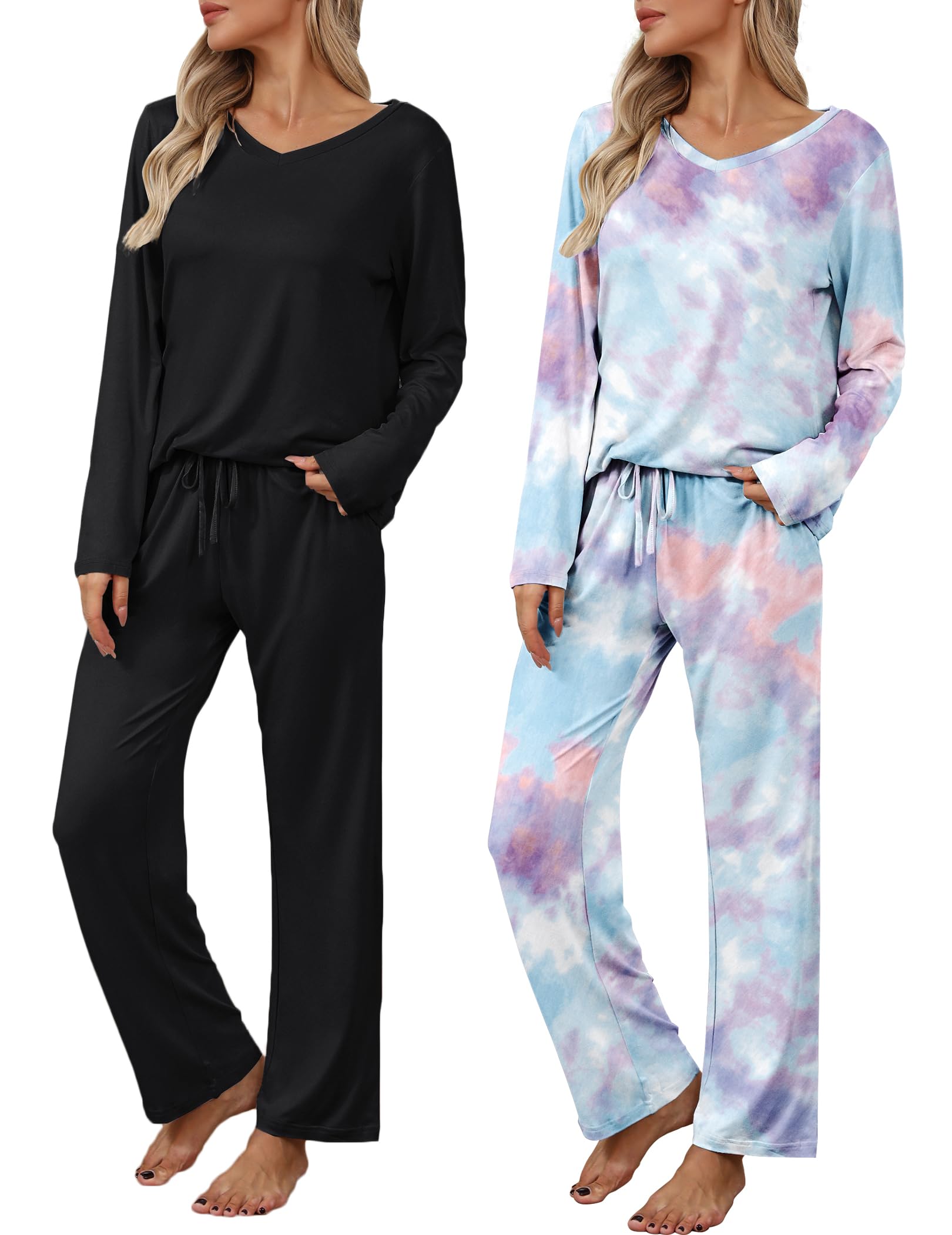 Ekouaer Womens 2 Pack Pajama Set Long Sleeve Pajamas Top and Pants V Neck Pjs Set Soft Loungewear with Pockets
