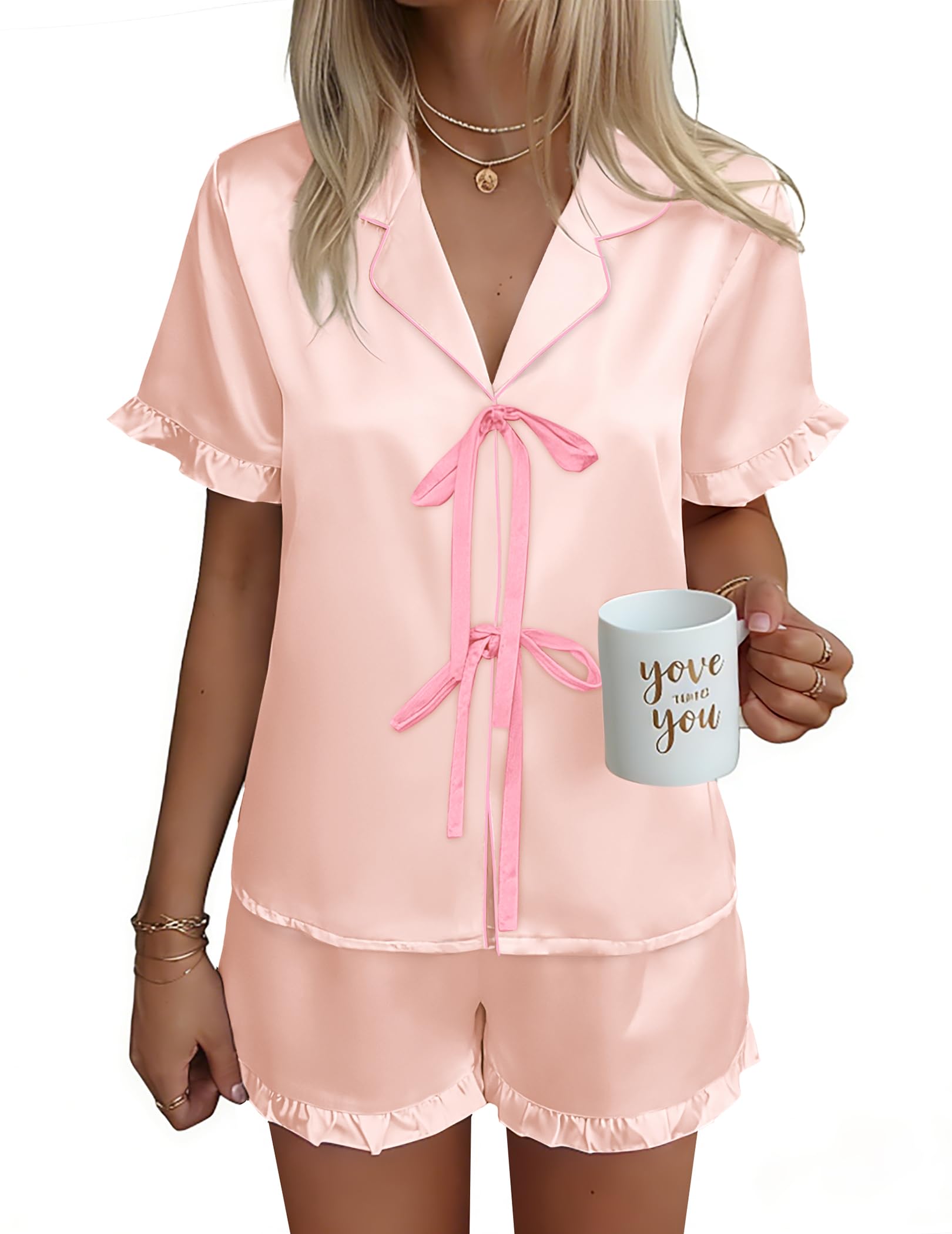 Ekouaer Satin Pajama for Women Short Sleeve Silky Pj Short Set Bow Front Tie Up Loungewear Sleepwear