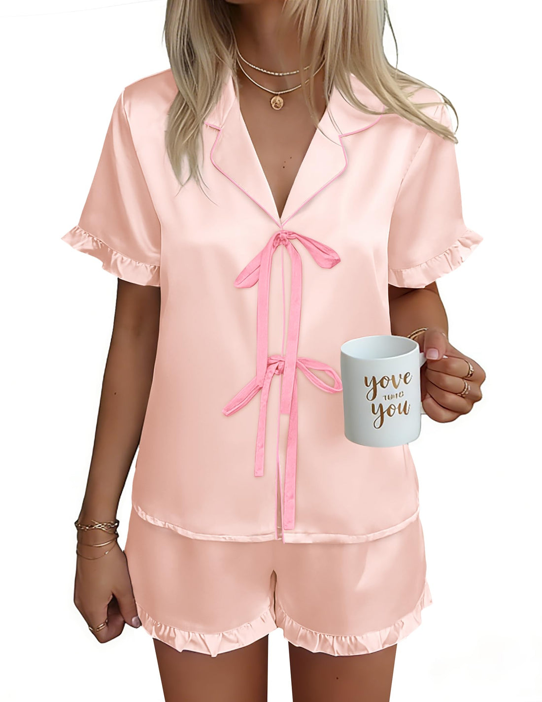 Ekouaer Satin Pajama for Women Short Sleeve Silky Pj Short Set Bow Front Tie Up Loungewear Sleepwear