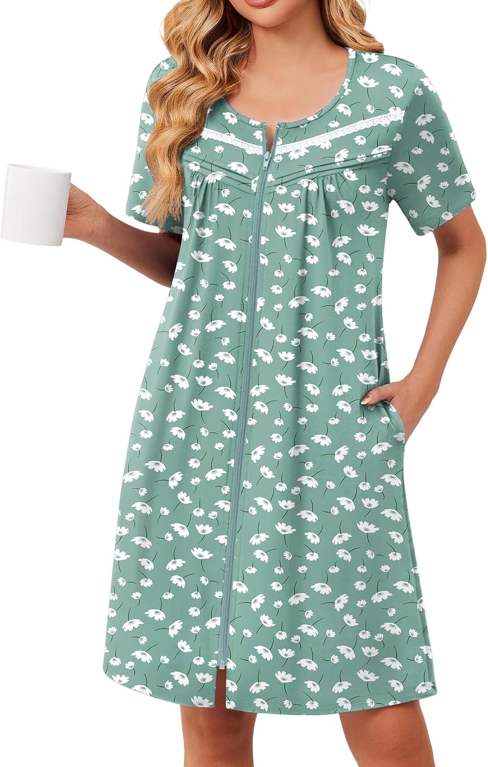 Ekouaer Zipper Robes for Women Short Sleeve Housecoats Zip Up Nightgowns | Lace Lightweight Bathrobes, Zipper Front House Coat with Pockets, Soft Sleepwear Mumu, Cute Print