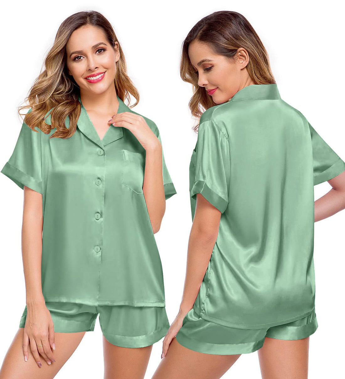 LecGee Womens Silk Satin Pajamas Short Sleeve Loungewear Two-Piece Sleepwear Button-Down Pj Set