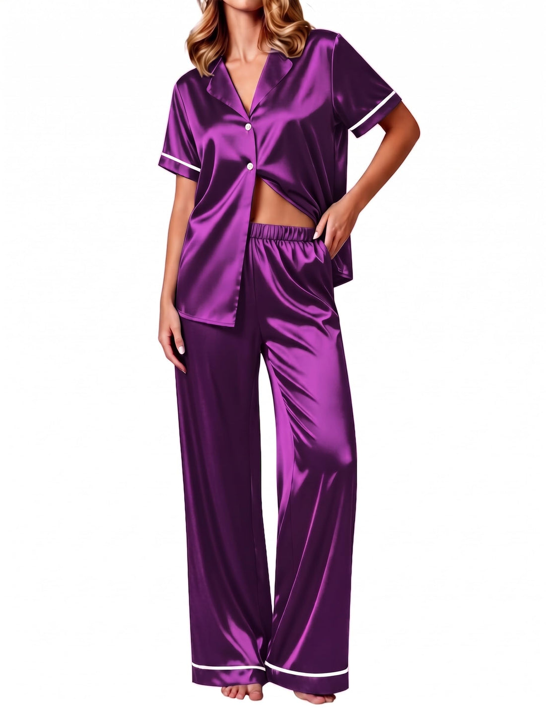 Ekouaer Women's Silk Pajamas Set Short Sleeve Satin Pjs 2 Piece Soft Loungewear with Pants Button Down Sleepwear