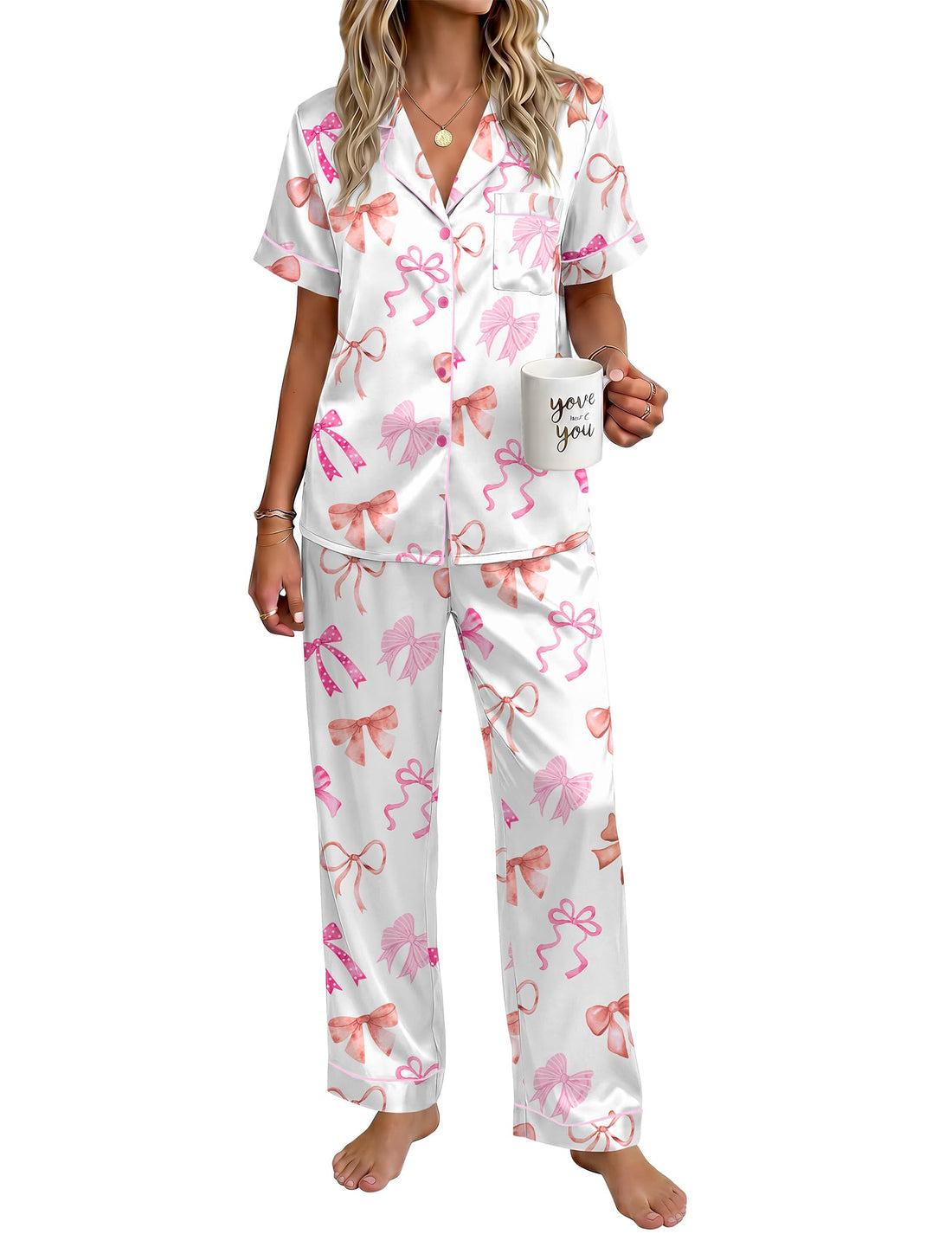 Ekouaer Womens Silky Satin Pajamas Set Short Sleeve Button Down Sleepwear 2 Piece Lounge Set Pj Set WEBE CLOTHING