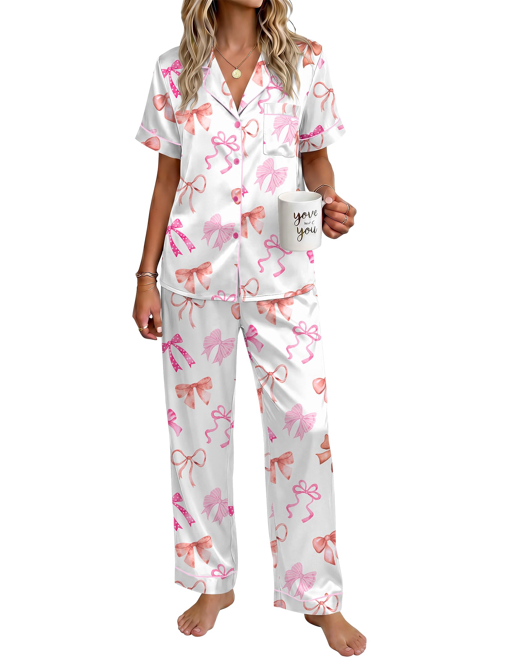 Ekouaer Womens Silky Satin Pajamas Set Short Sleeve Button Down Sleepwear 2 Piece Lounge Set Pj Set WEBE CLOTHING