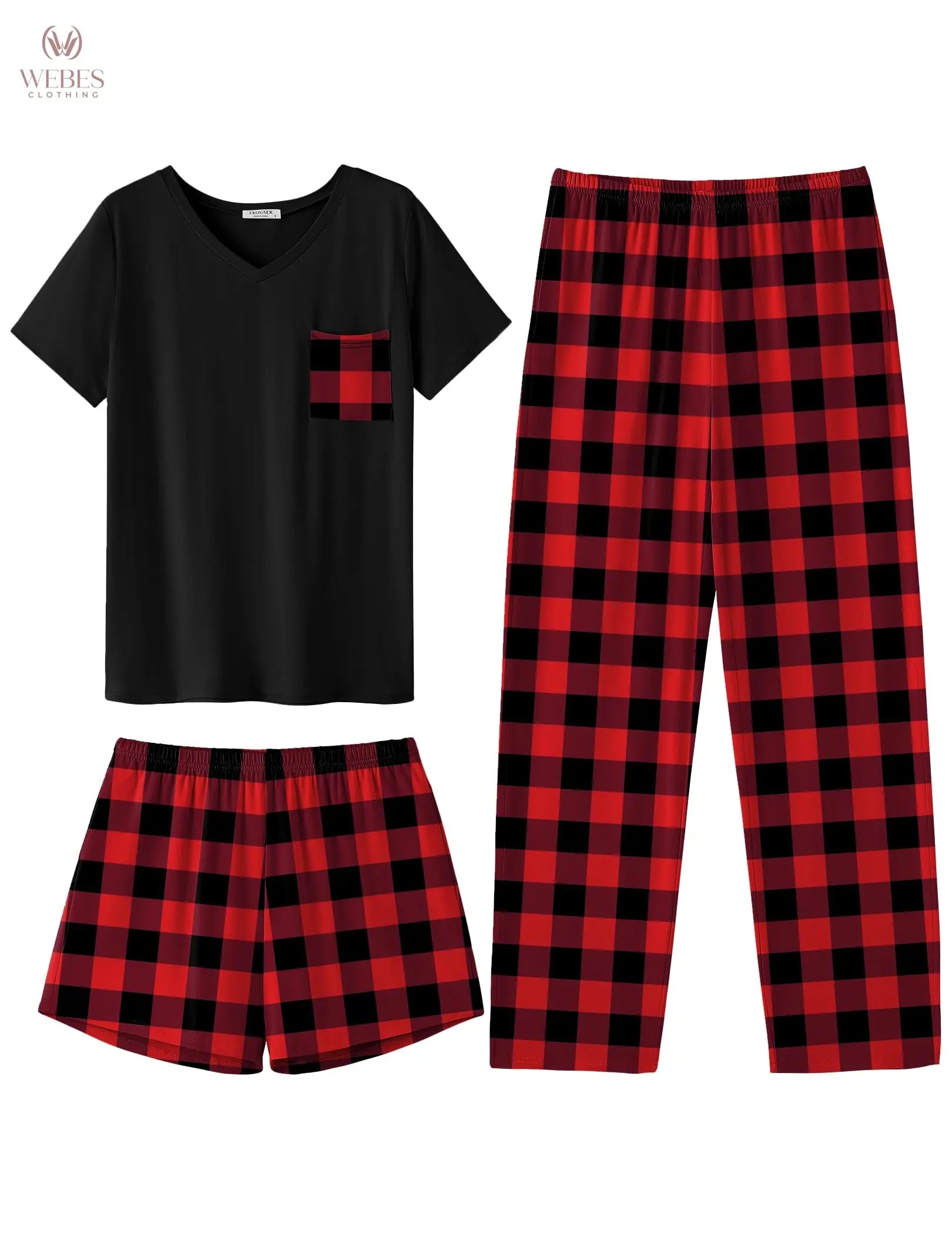 Ekouaer Women's 3 Piece Pajama Set Short Sleeve Sleepwear Pj Set Top and Shorts Pants Pjs with Pockets WEBE CLOTHING