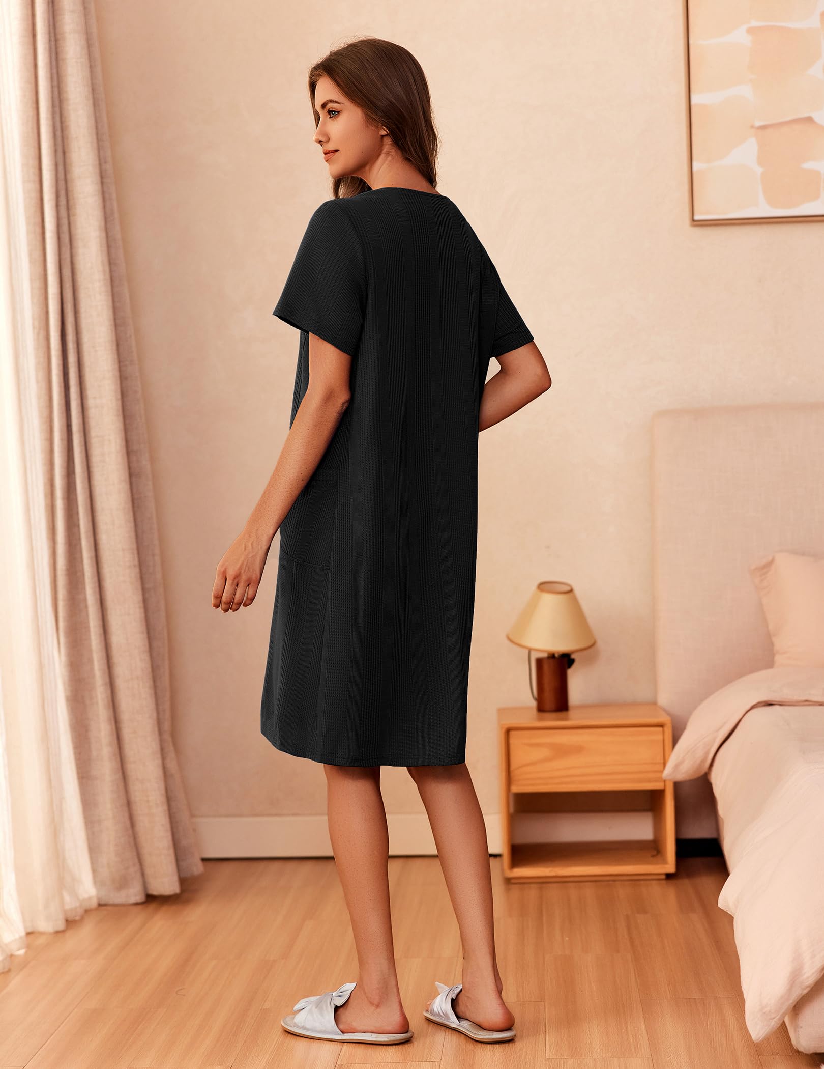 Ekouaer Zipper Robes for Women Short Sleeve Waffle Knit Bathrobe Lightweight House Coat with Pockets Soft Loungwear