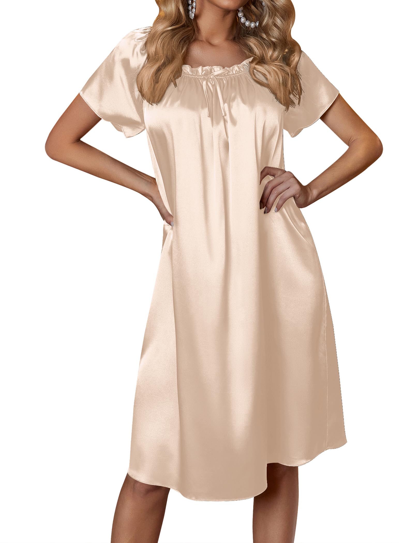 Ekouaer Women's Satin Silk Pleated Nightgown Loose Sleepwear Printed Nightshirt Short Sleeve Sleep Dress WEBE CLOTHING