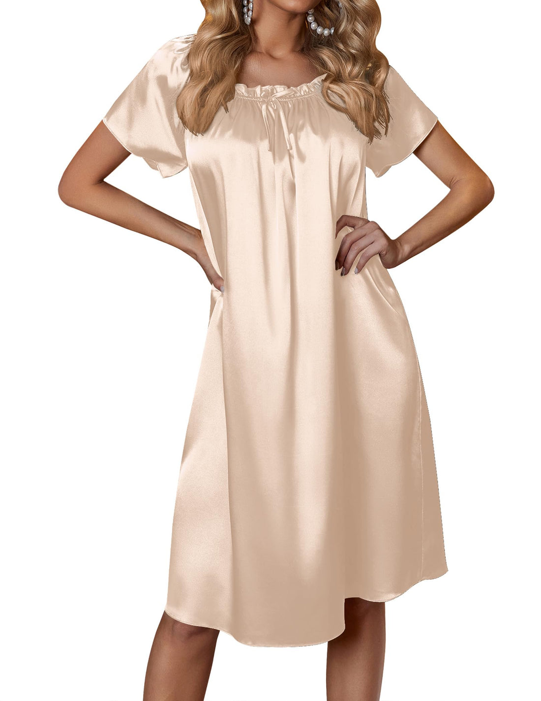 Ekouaer Women's Satin Silk Pleated Nightgown Loose Sleepwear Printed Nightshirt Short Sleeve Sleep Dress WEBE CLOTHING