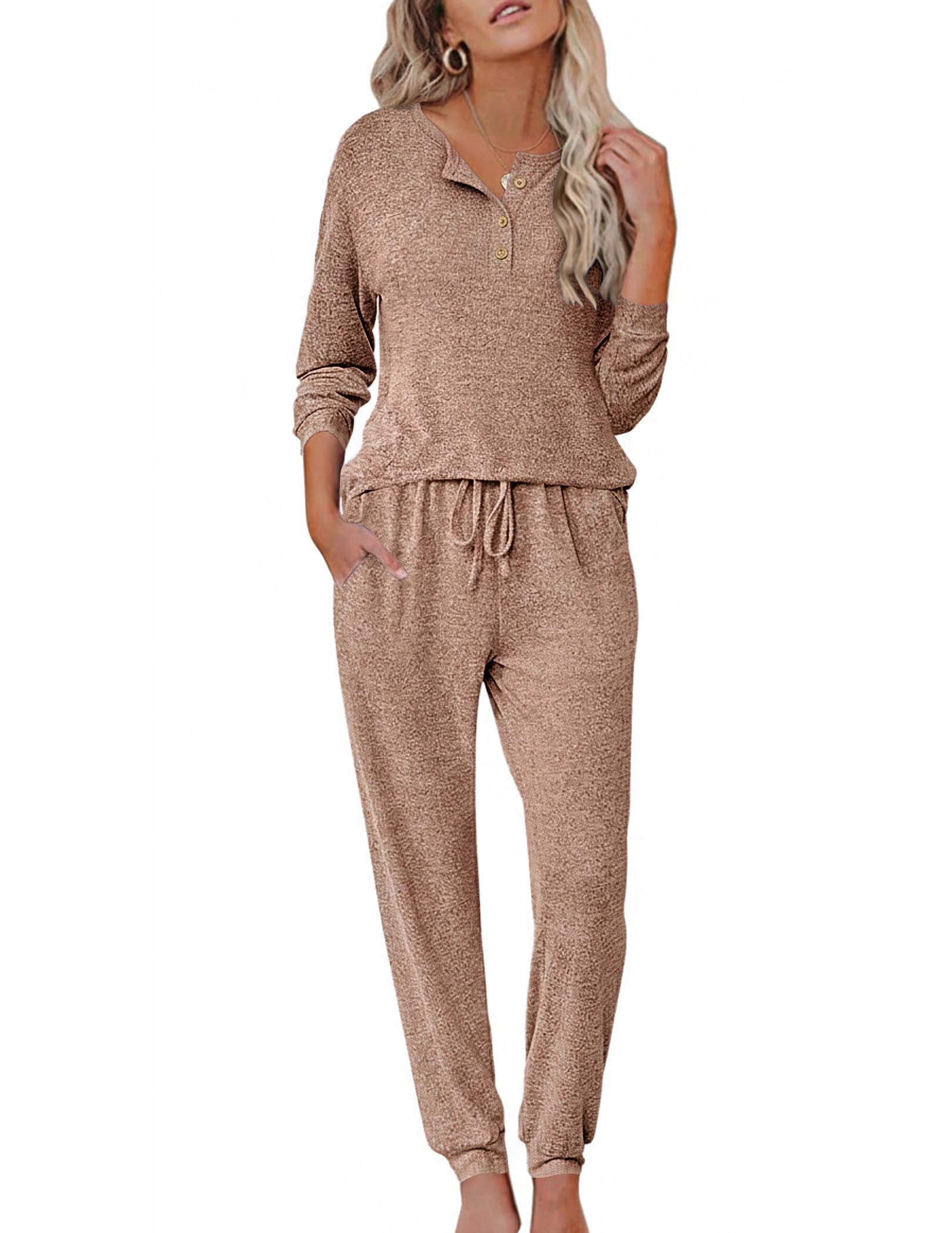 Ekouaer Womens Pajama Sets Long Sleeve Lounge Set 2 Piece Pj Sets for Women Henley Neck Casual Sleepwear Loungewear S-XXL