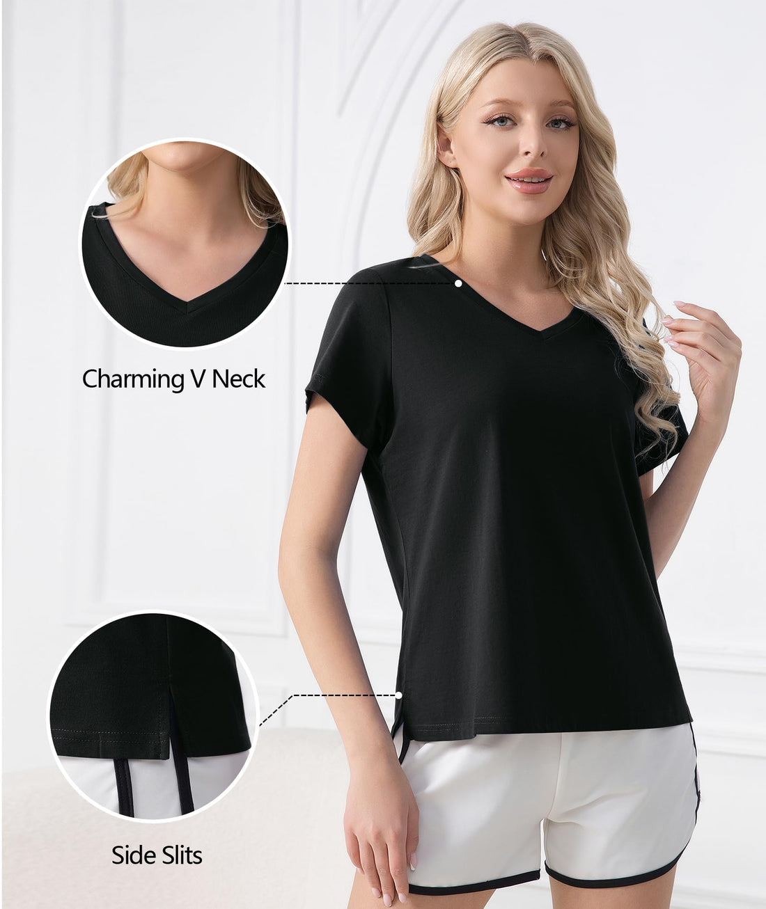 ENJOYNIGHT 2 Pack Womens Pajama Tops Cotton T-Shirt V-Neck Soft Sleep Pj Shirt Short Sleeves