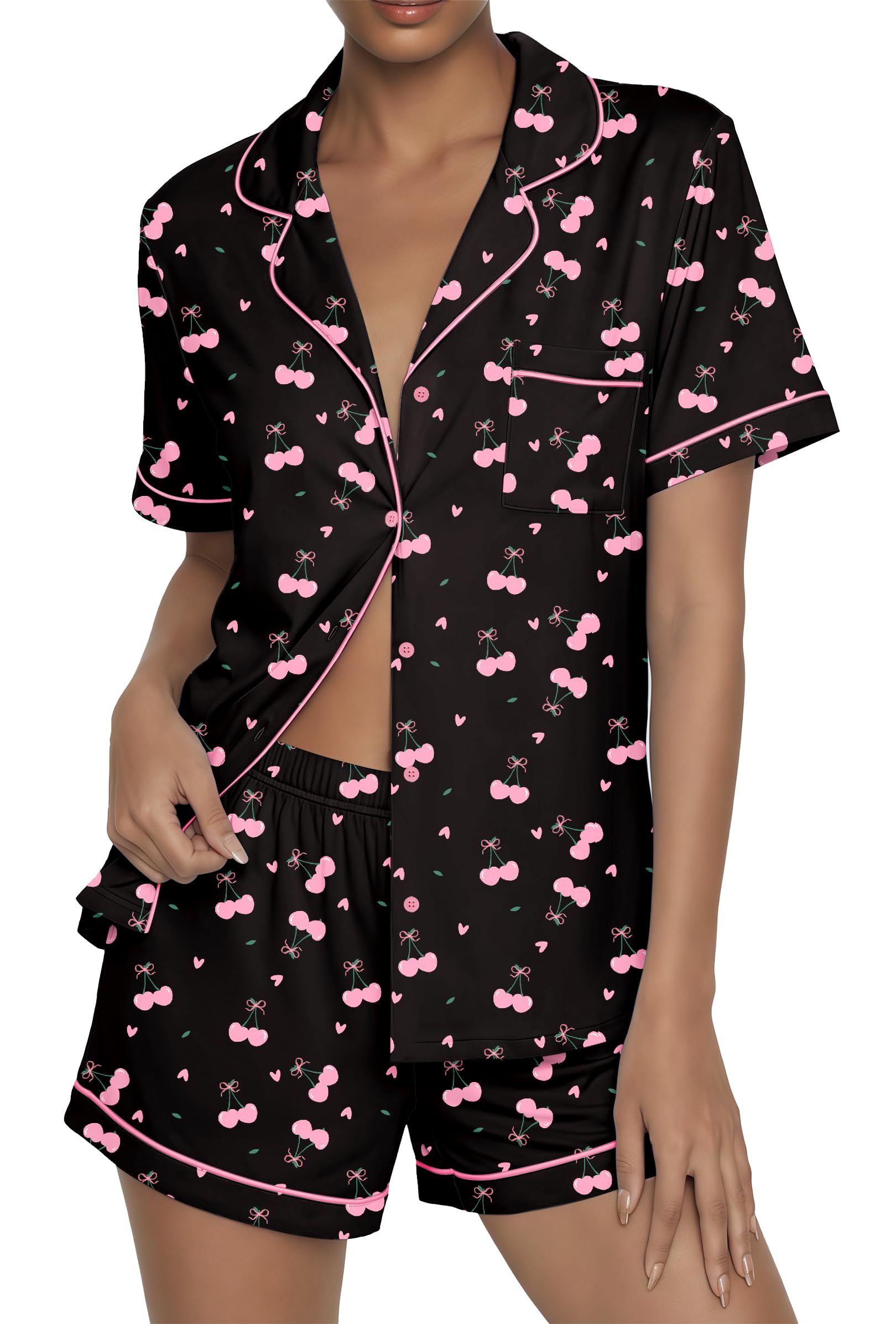 Ekouaer Womens Pajama Sets Button Up Summer Pjs 2 Piece Short Sleeve Sleepwear Lounge Set S-XXL