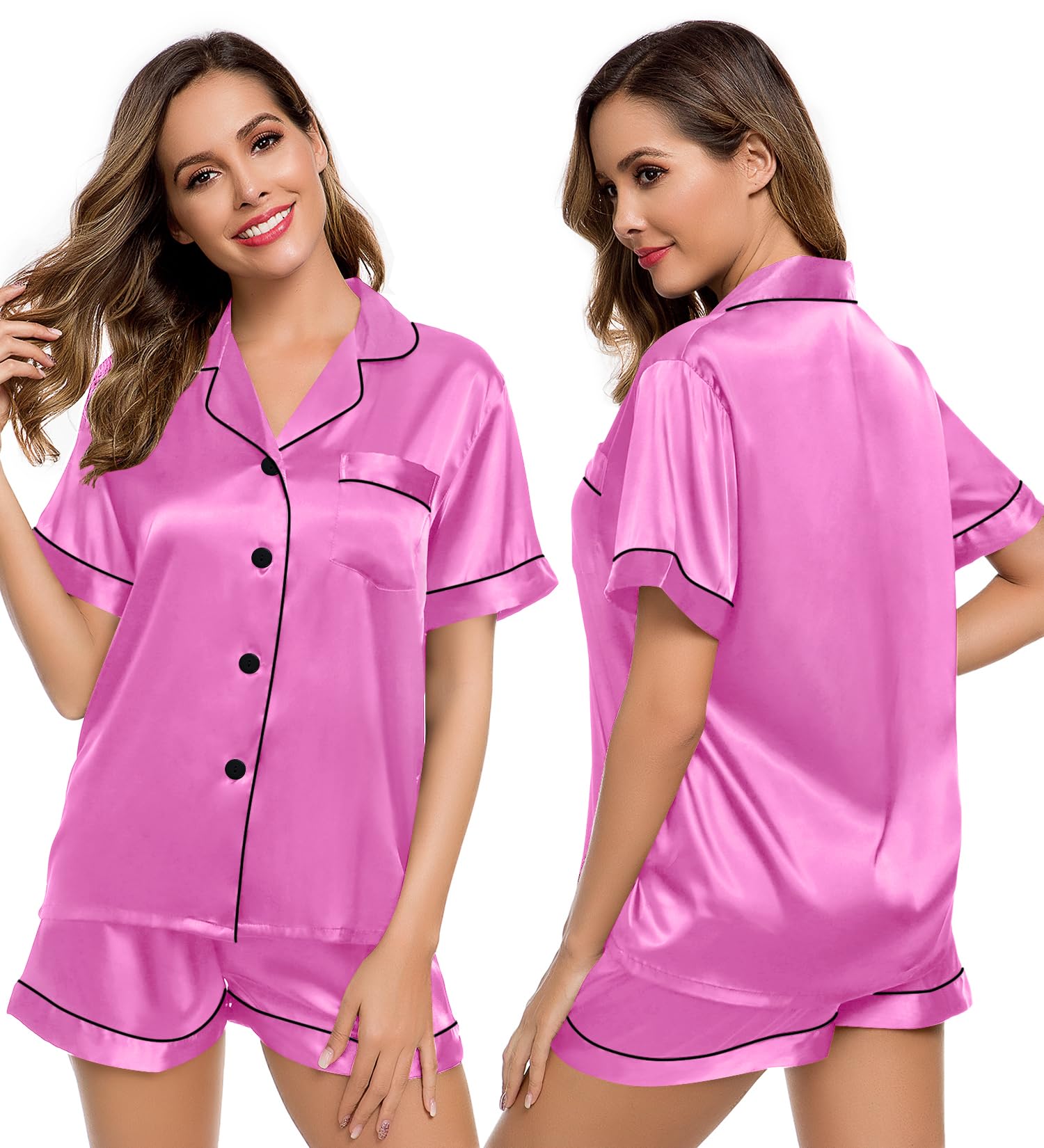 LecGee Womens Silk Satin Pajamas Short Sleeve Loungewear Two-Piece Sleepwear Button-Down Pj Set