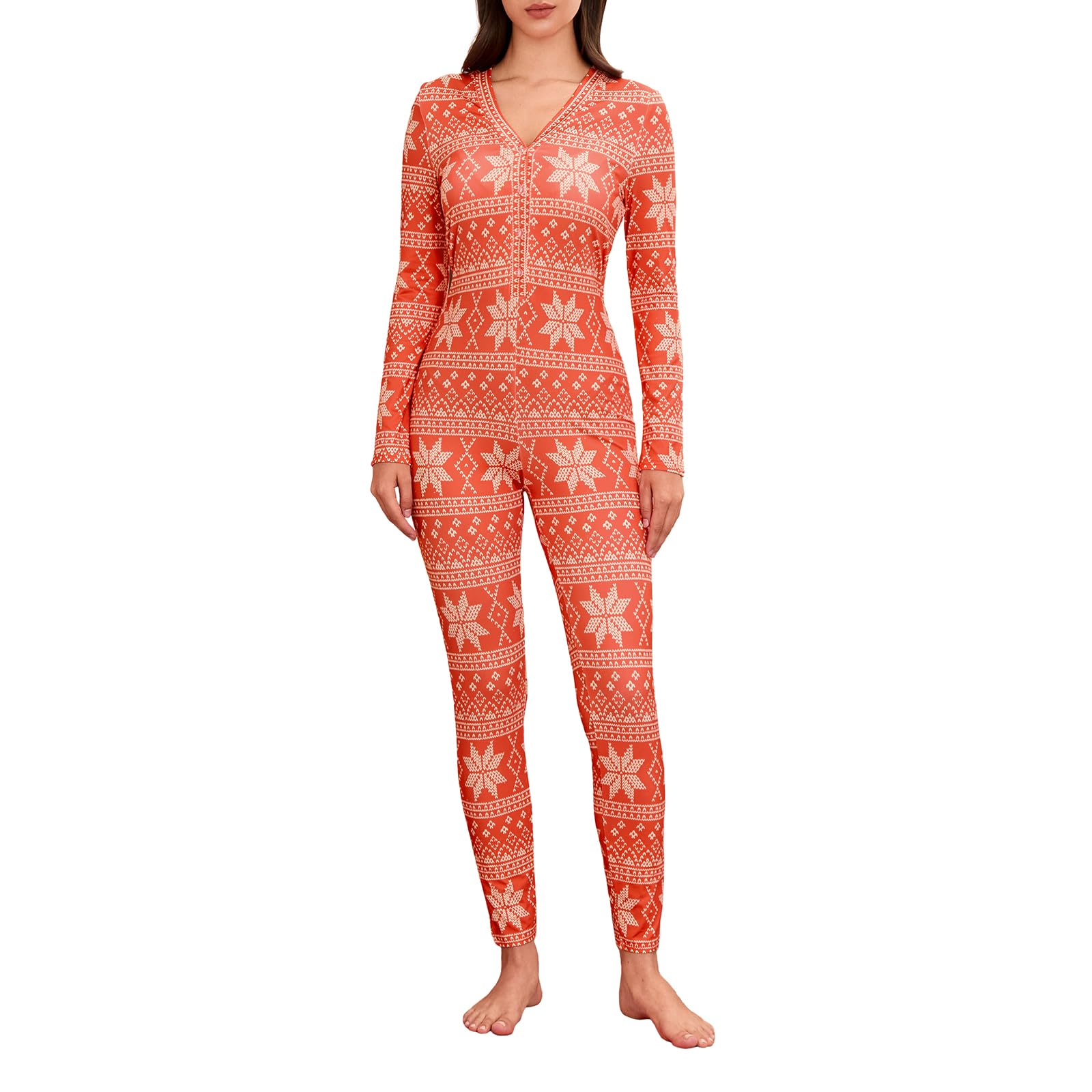 Women Christmas Long Sleeve Stripe Heart One Piece Pajamas Bodycon Jumpsuit Button Neck Sleepwear WEBE CLOTHING