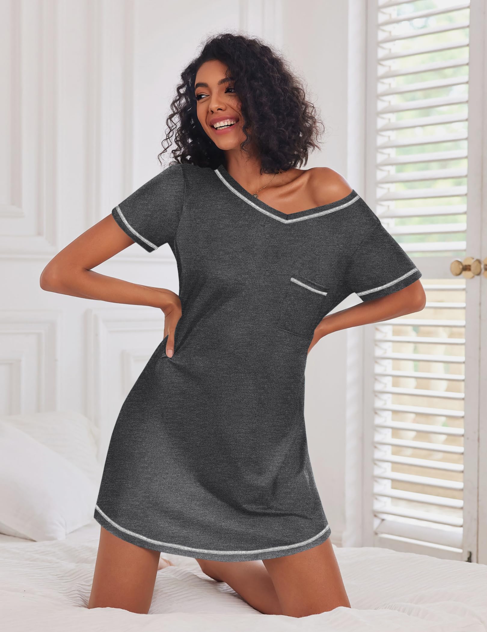 Ekouaer 3 Pack Nightgowns for Women Short Sleeve Sleep Shirts T Shirt Night Gown V Neck Nightshirts Soft Sleepwear Dress
