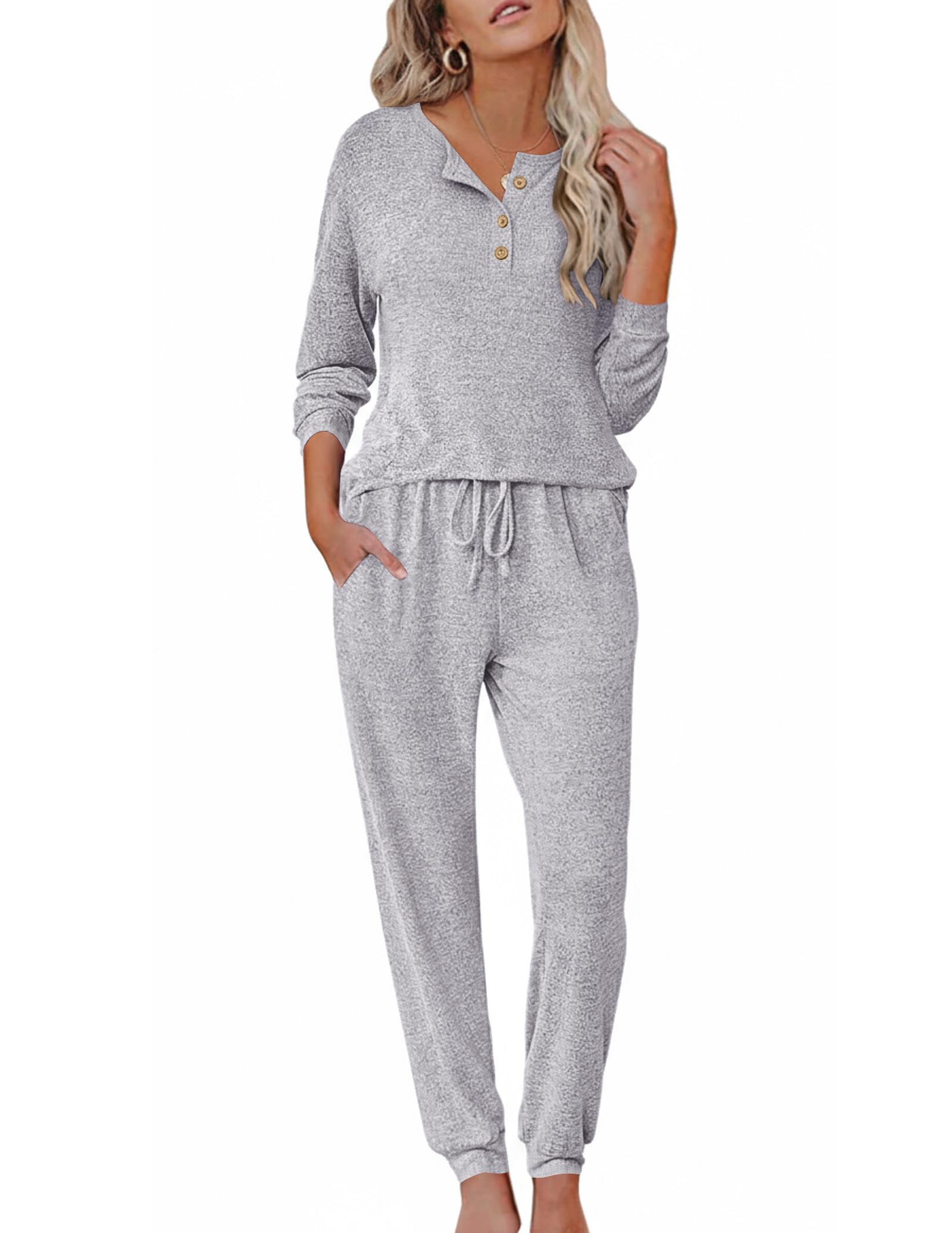 Ekouaer Womens Pajama Sets Long Sleeve Lounge Set 2 Piece Pj Sets for Women Henley Neck Casual Sleepwear Loungewear S-XXL