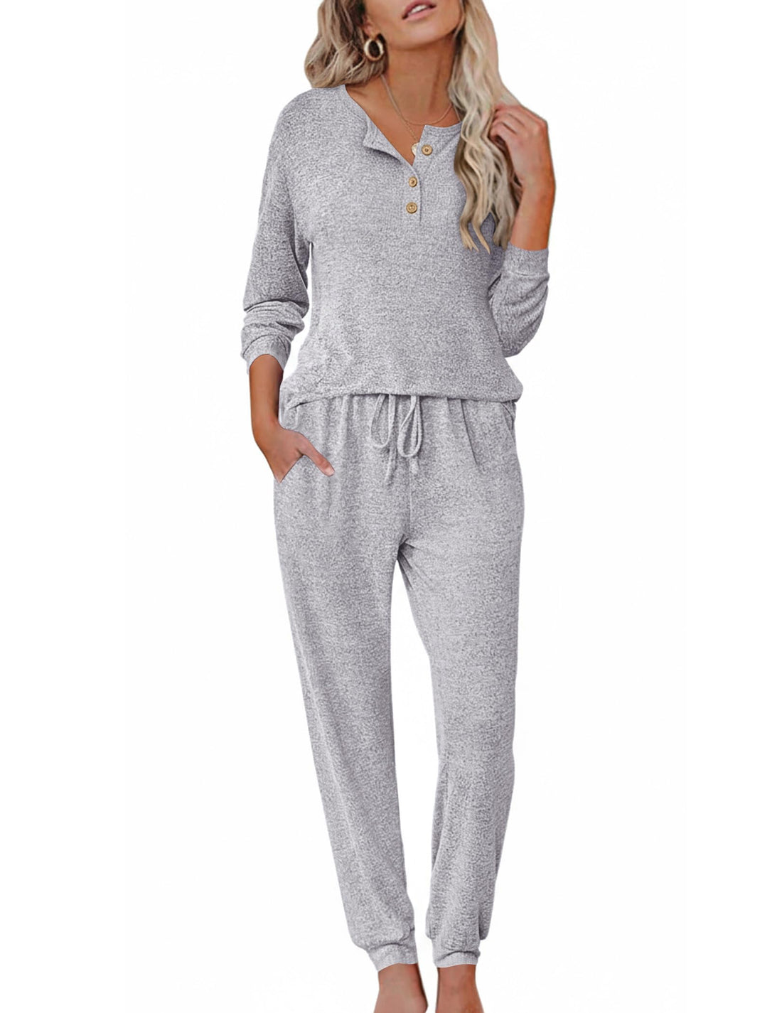 Ekouaer Womens Pajama Sets Long Sleeve Lounge Set 2 Piece Pj Sets for Women Henley Neck Casual Sleepwear Loungewear S-XXL