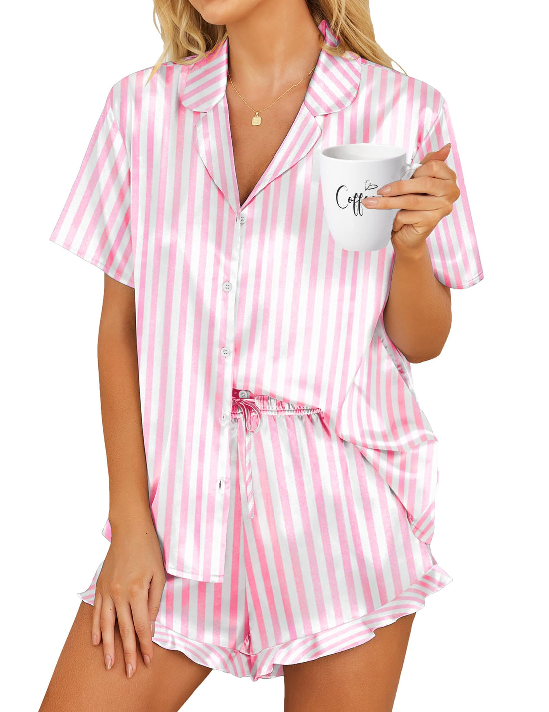 HOTOUCH Womens Satin Pajamas Set Button Down 2 Piece Silk Pjs Shorts Set Ruffle Lingerie Notch Collar Sleepwear