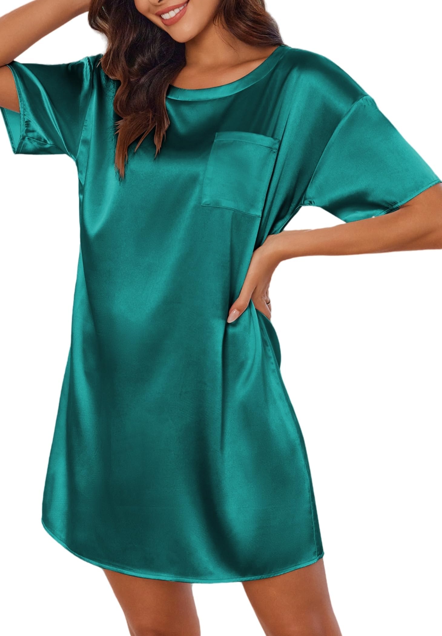 Ekouaer Silk Sleep Shirts for Women Satin Nightshirt Tshirt Nightgown Short Sleeve Round Neck Sleepwear with Pocket S-2XL