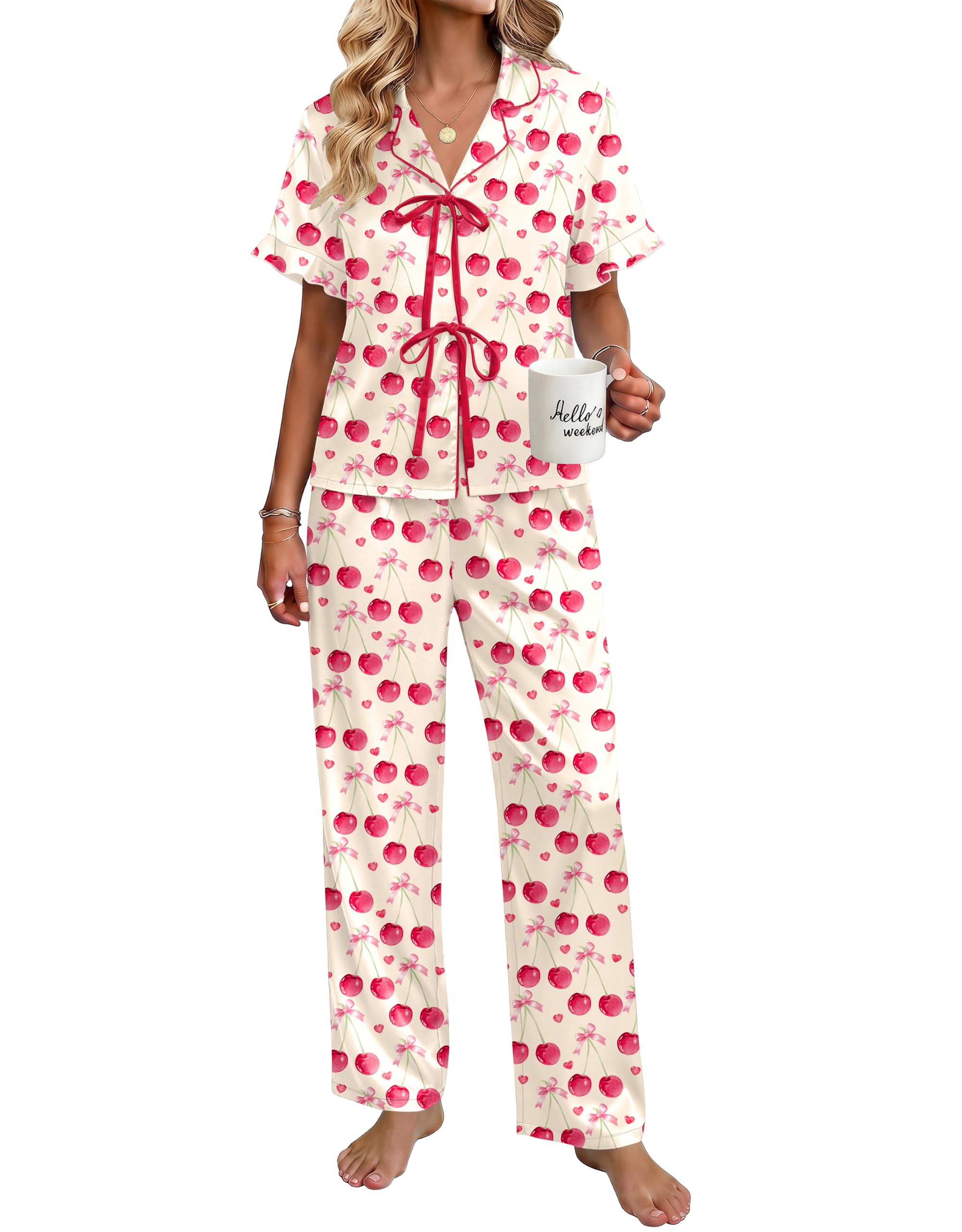 Ekouaer Womens Satin Pajama Sets Silky Tie Front Ruffle Pjs Sets Sleepwear | Soft lightweight satin fabric; tie-front top with ruffle cuffs, ideal for loungewear, bridal party and vacation wear WEBE CLOTHING