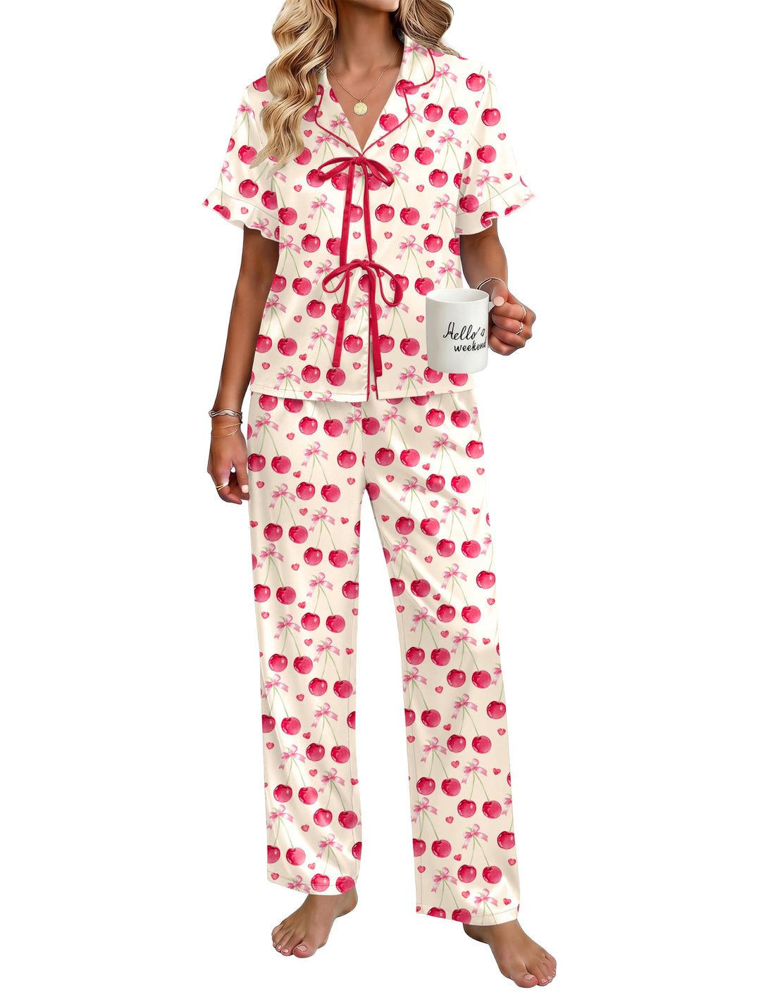 Ekouaer Womens Satin Pajama Sets Silky Tie Front Ruffle Pjs Sets Sleepwear | Soft lightweight satin fabric; tie-front top with ruffle cuffs, ideal for loungewear, bridal party and vacation wear WEBE CLOTHING