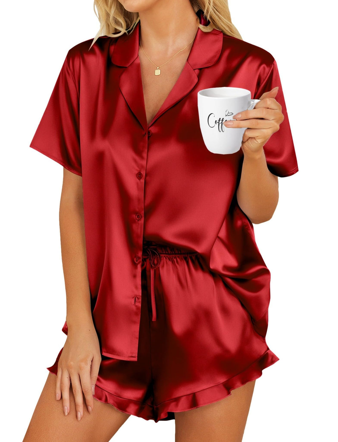 HOTOUCH Womens Satin Pajamas Set Button Down 2 Piece Silk Pjs Shorts Set Ruffle Lingerie Notch Collar Sleepwear