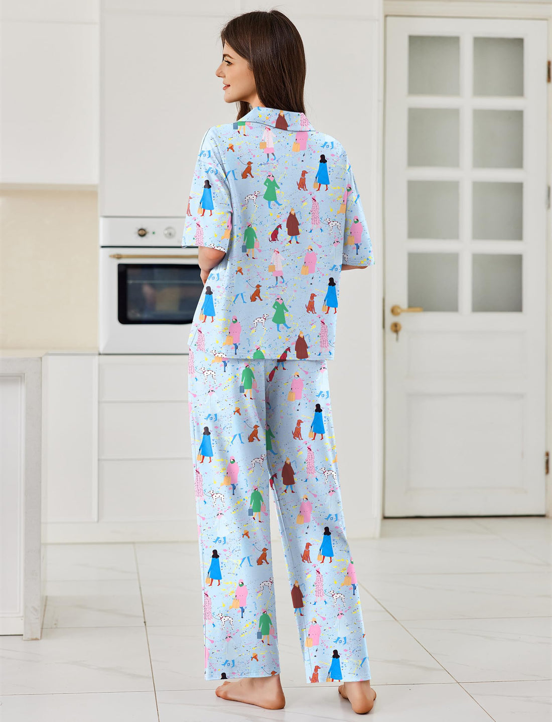 Ekouaer Women Pajamas Set Button Down Sleepwear Short Sleeve Pjs Soft Comfy Nightwear with Long Pants S-XXL