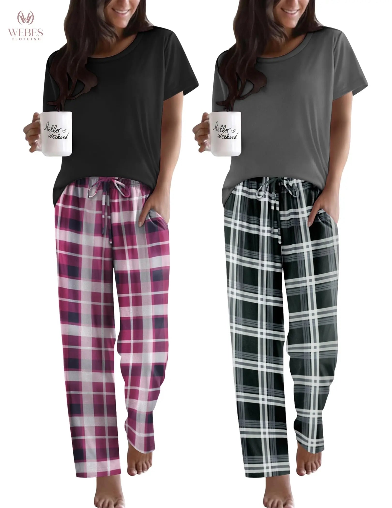 Ekouaer 2 Pack Pajamas for Women Set Short Sleeve Pj Top and Printed Pants | Soft PJs Cozy Printed Lounge Sets Comfy Sleepwear with Pockets WEBE CLOTHING