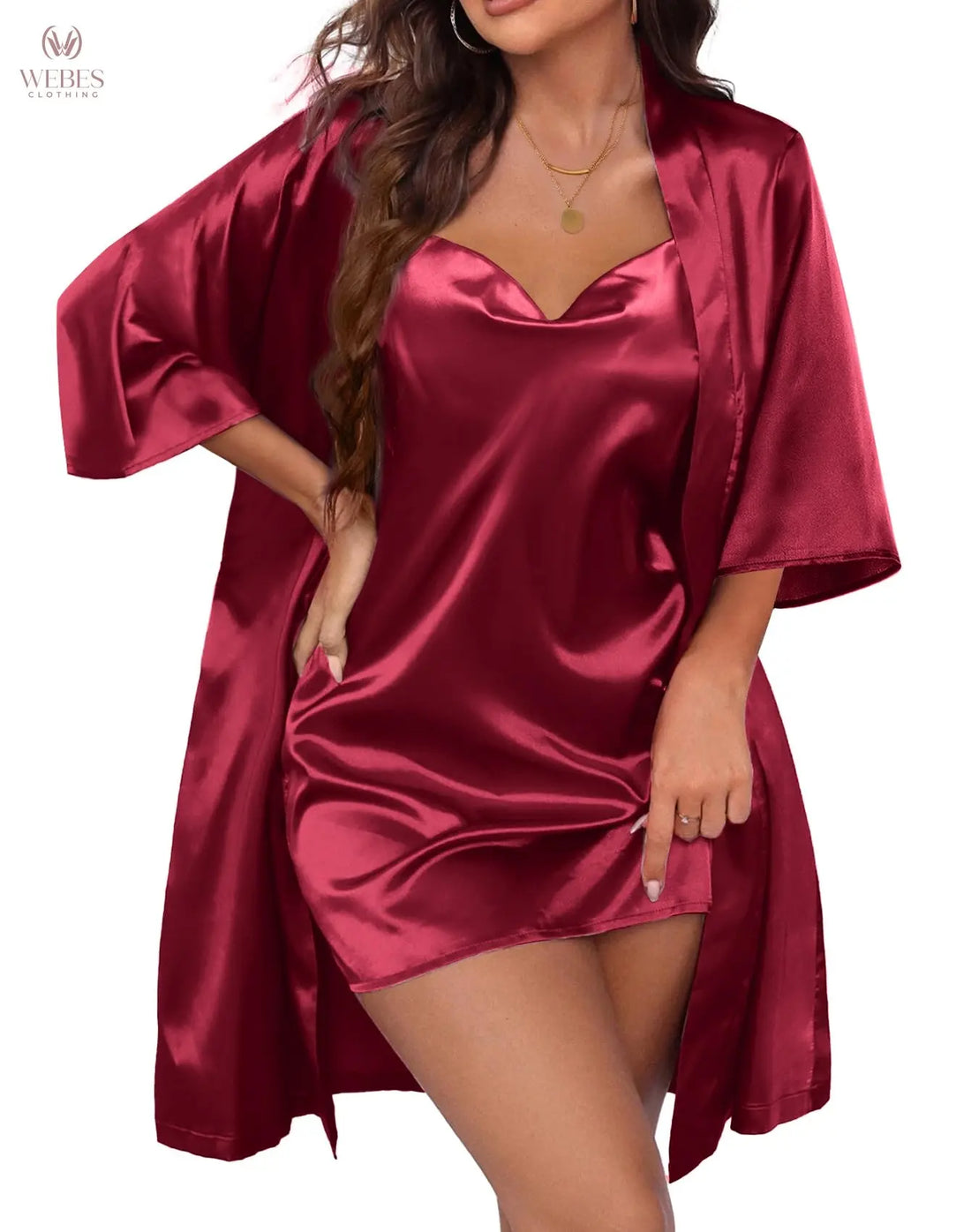Ekouaer Women's Satin Robe Set Nightgown with Robes Silk Pajama Set 2 Pieces Lingerie Cowl Neck Cami Sleepwear Sets WEBE CLOTHING